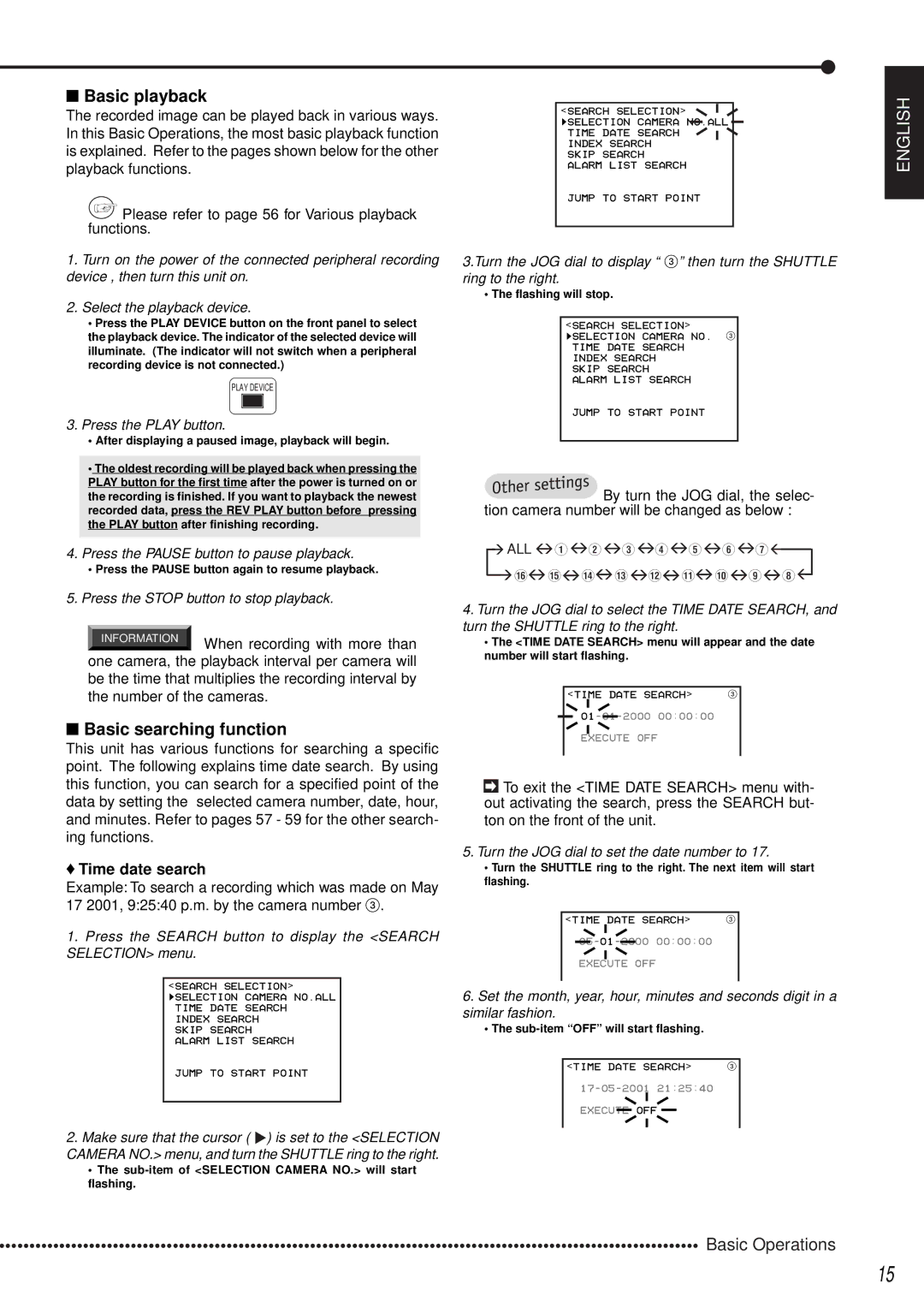 Mitsubishi Electronics DX-TL1600EM operation manual Basic playback, Basic searching function, Time date search 