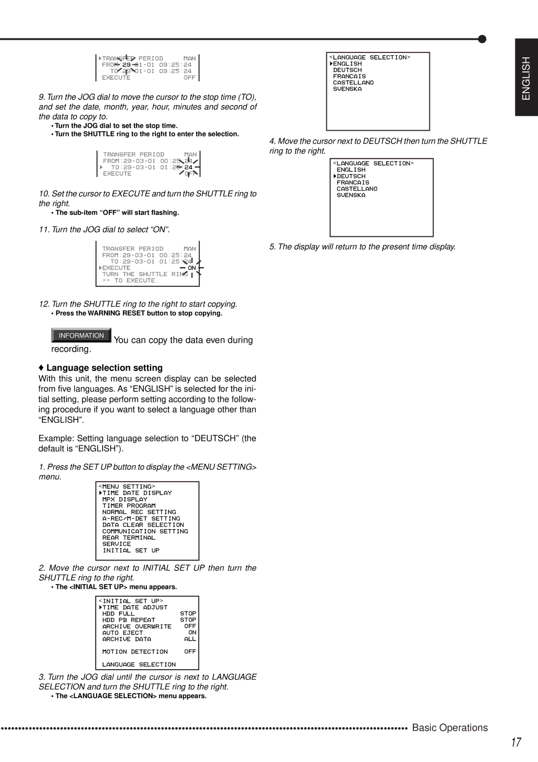 Mitsubishi Electronics DX-TL1600EM operation manual You can copy the data even during Recording, Language selection setting 