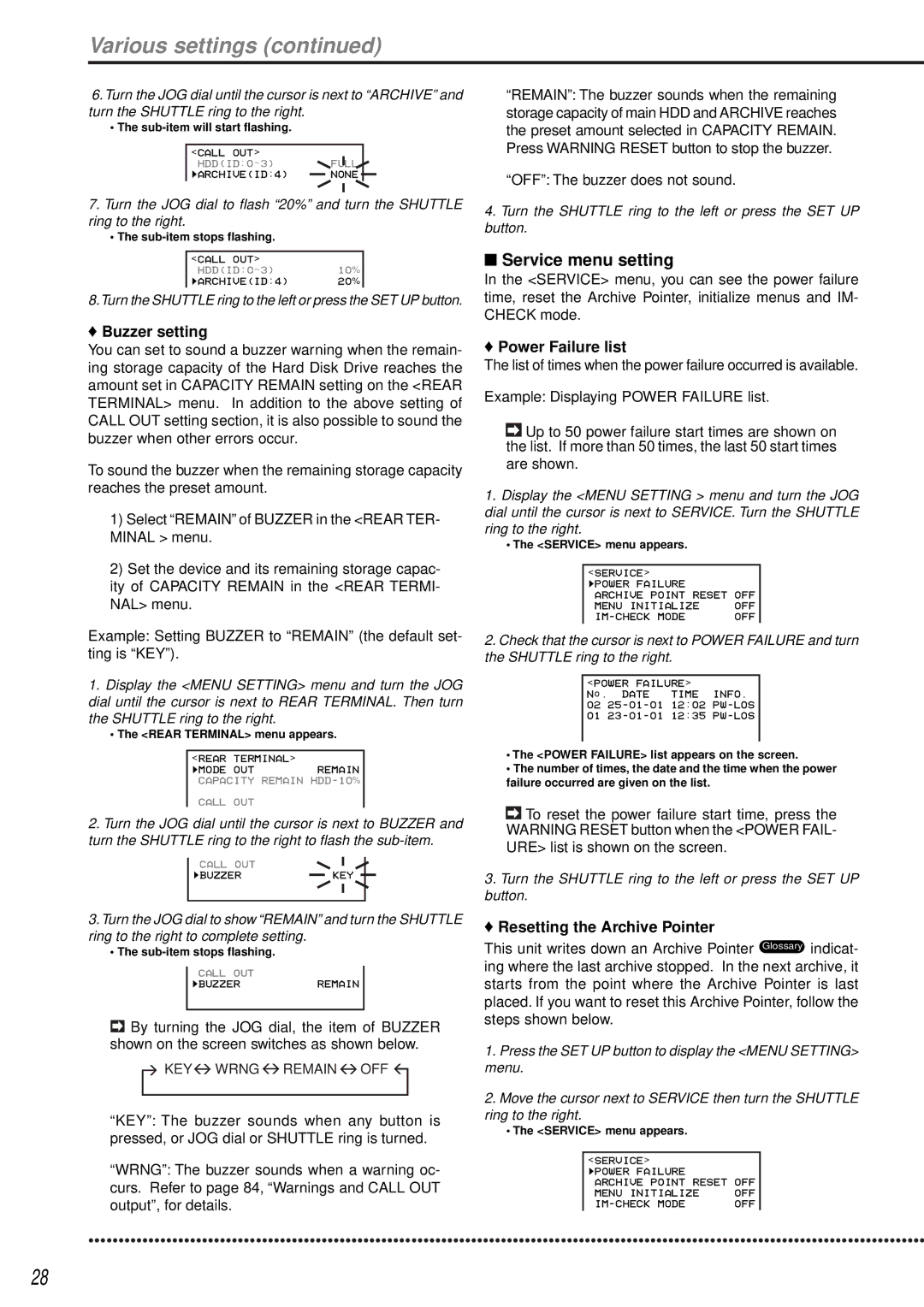 Mitsubishi Electronics DX-TL1600EM Service menu setting, Buzzer setting, Power Failure list, Resetting the Archive Pointer 