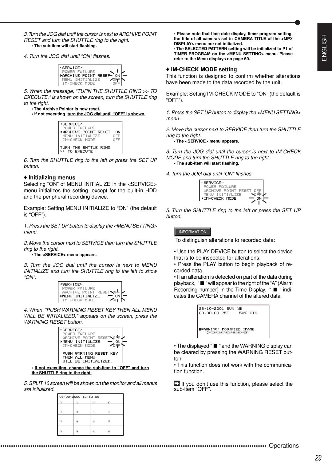 Mitsubishi Electronics DX-TL1600EM operation manual Initializing menus, IM-CHECK Mode setting 