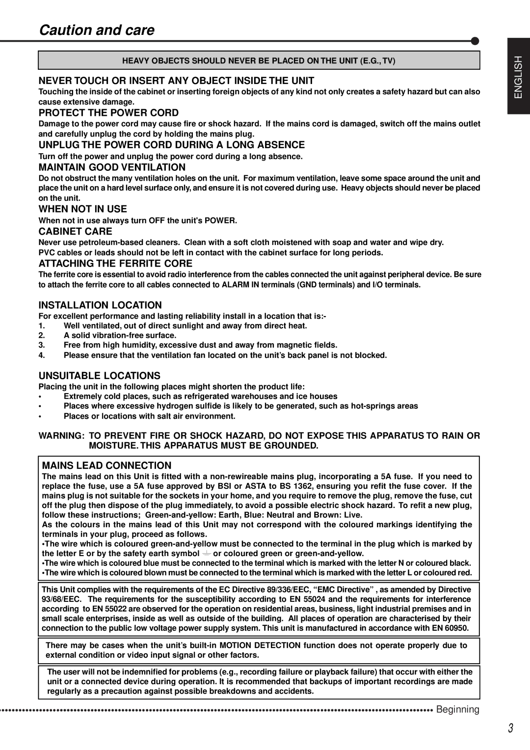 Mitsubishi Electronics DX-TL1600EM operation manual Unplug the Power Cord During a Long Absence 