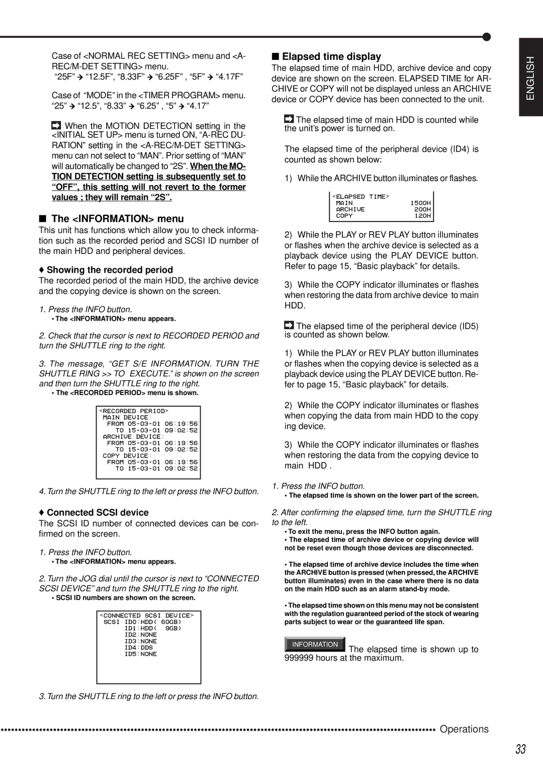 Mitsubishi Electronics DX-TL1600EM operation manual Information menu, Elapsed time display, Values they will remain 2S 