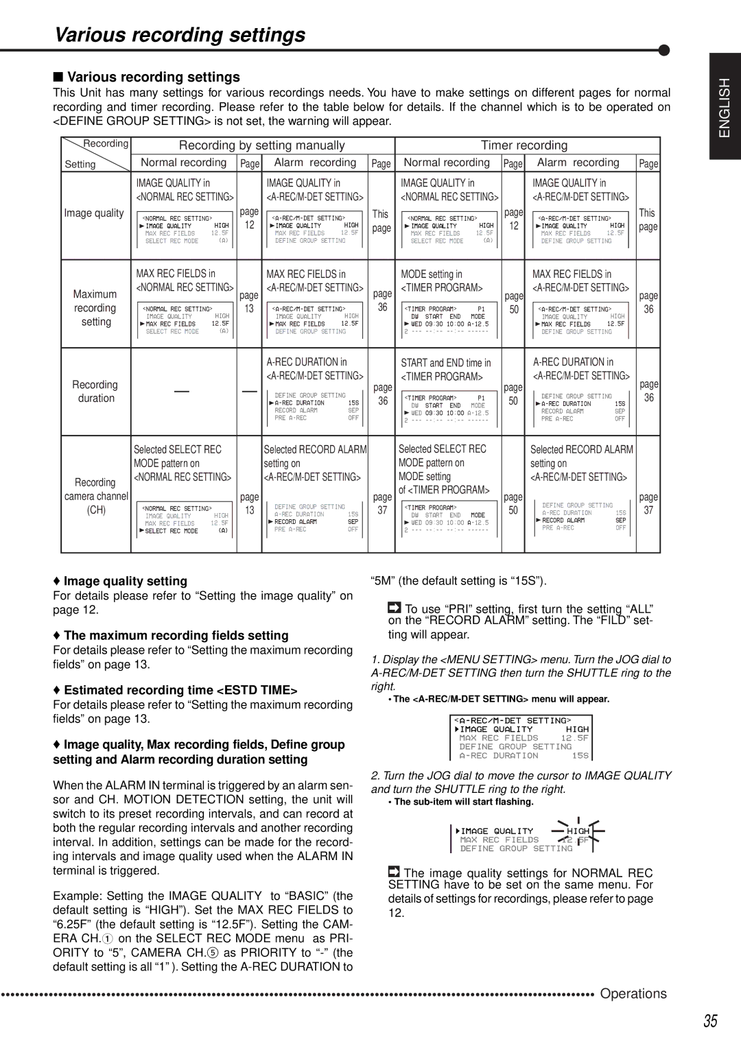 Mitsubishi Electronics DX-TL1600EM Various recording settings, Image quality setting, Maximum recording fields setting 