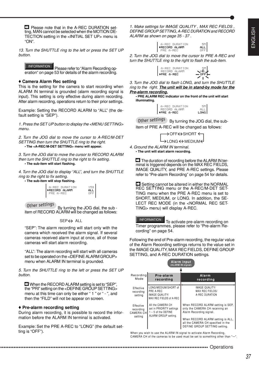 Mitsubishi Electronics DX-TL1600EM Tection setting in the Initial SET UP menu is on, Camera Alarm Rec setting, Cording on 