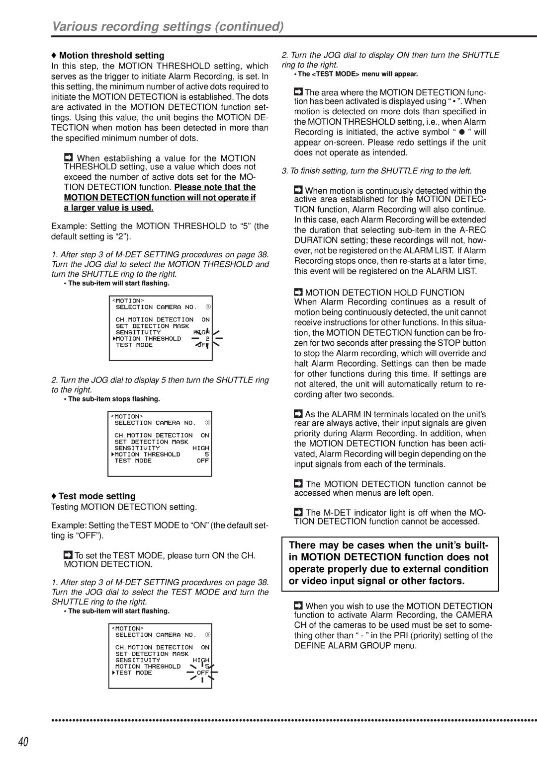 Mitsubishi Electronics DX-TL1600EM operation manual Motion threshold setting, Test mode setting, Test Mode menu will appear 