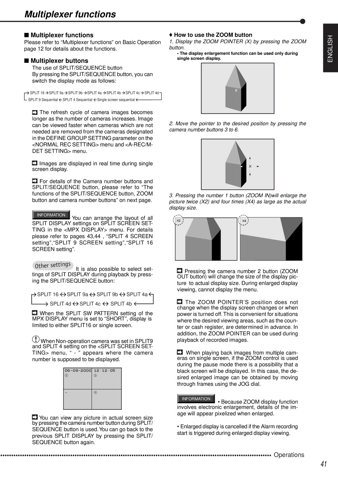 Mitsubishi Electronics DX-TL1600EM Multiplexer functions, Ing the SPLIT/SEQUENCE button, How to use the Zoom button 