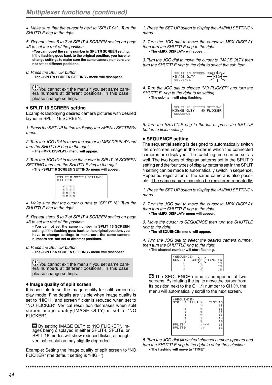 Mitsubishi Electronics DX-TL1600EM Please change settings, Split 16 Screen setting, Image quality of split screen 