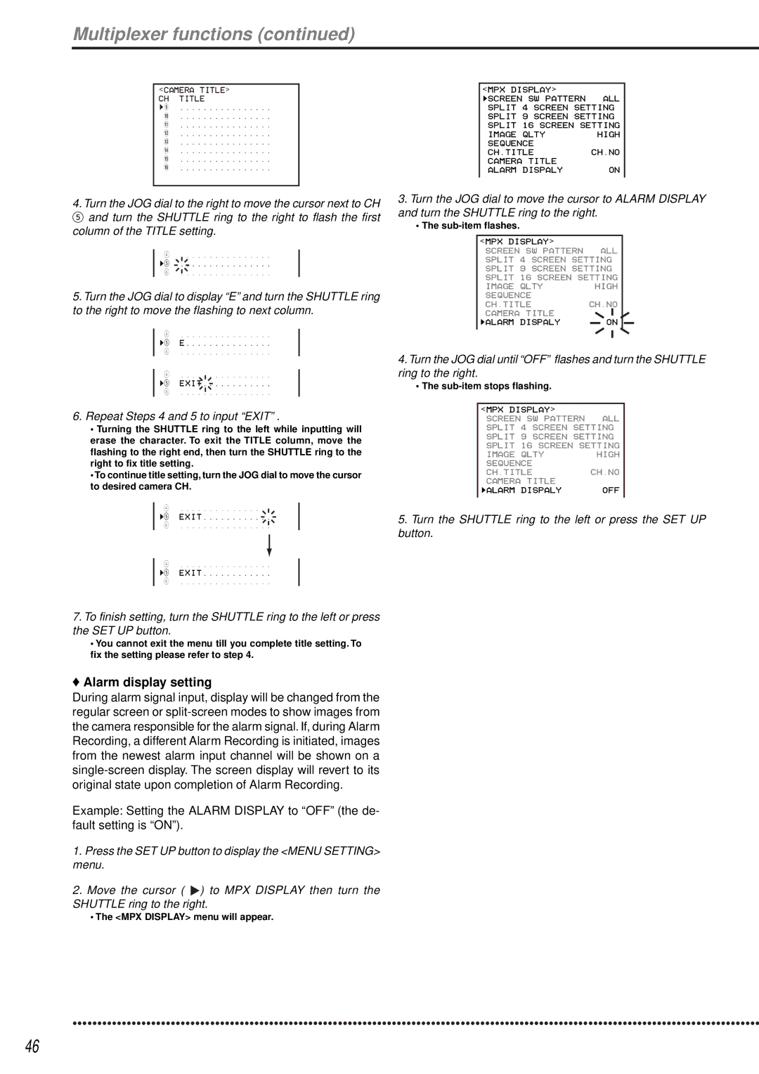 Mitsubishi Electronics DX-TL1600EM operation manual Alarm display setting, Repeat Steps 4 and 5 to input Exit 