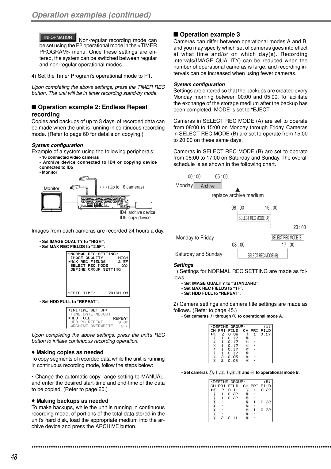 Mitsubishi Electronics DX-TL1600EM operation manual Operation examples, Operation example 2 Endless Repeat recording 