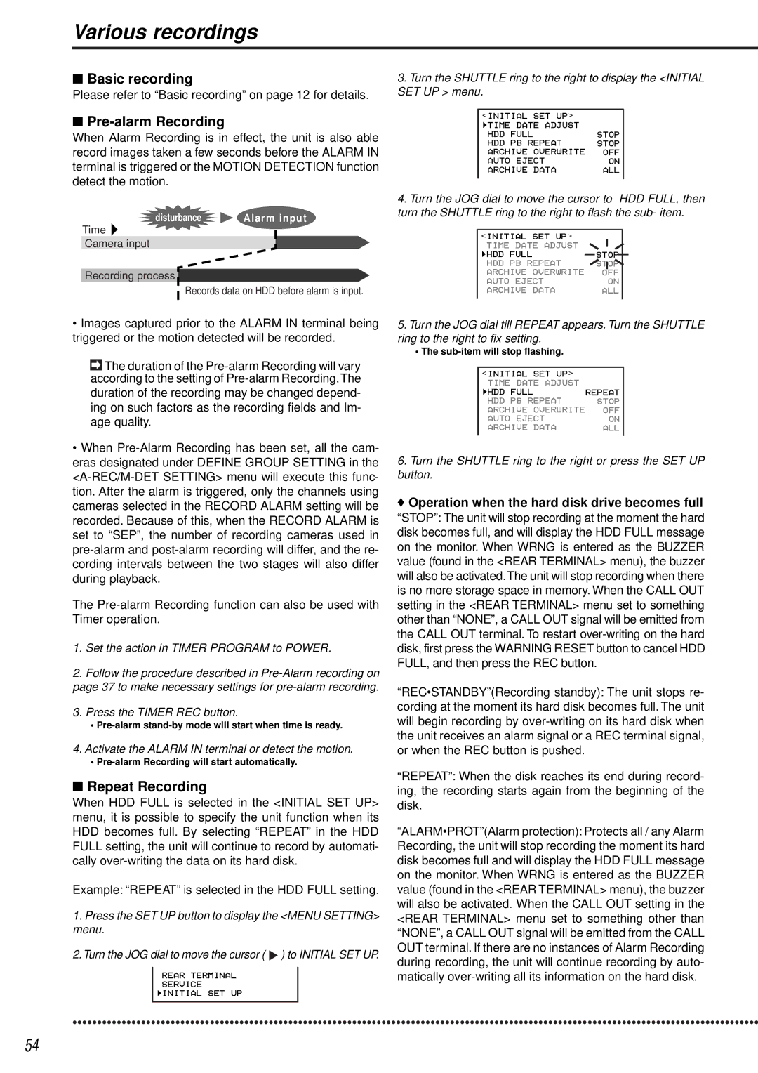 Mitsubishi Electronics DX-TL1600EM operation manual Various recordings, Pre-alarm Recording, Repeat Recording 