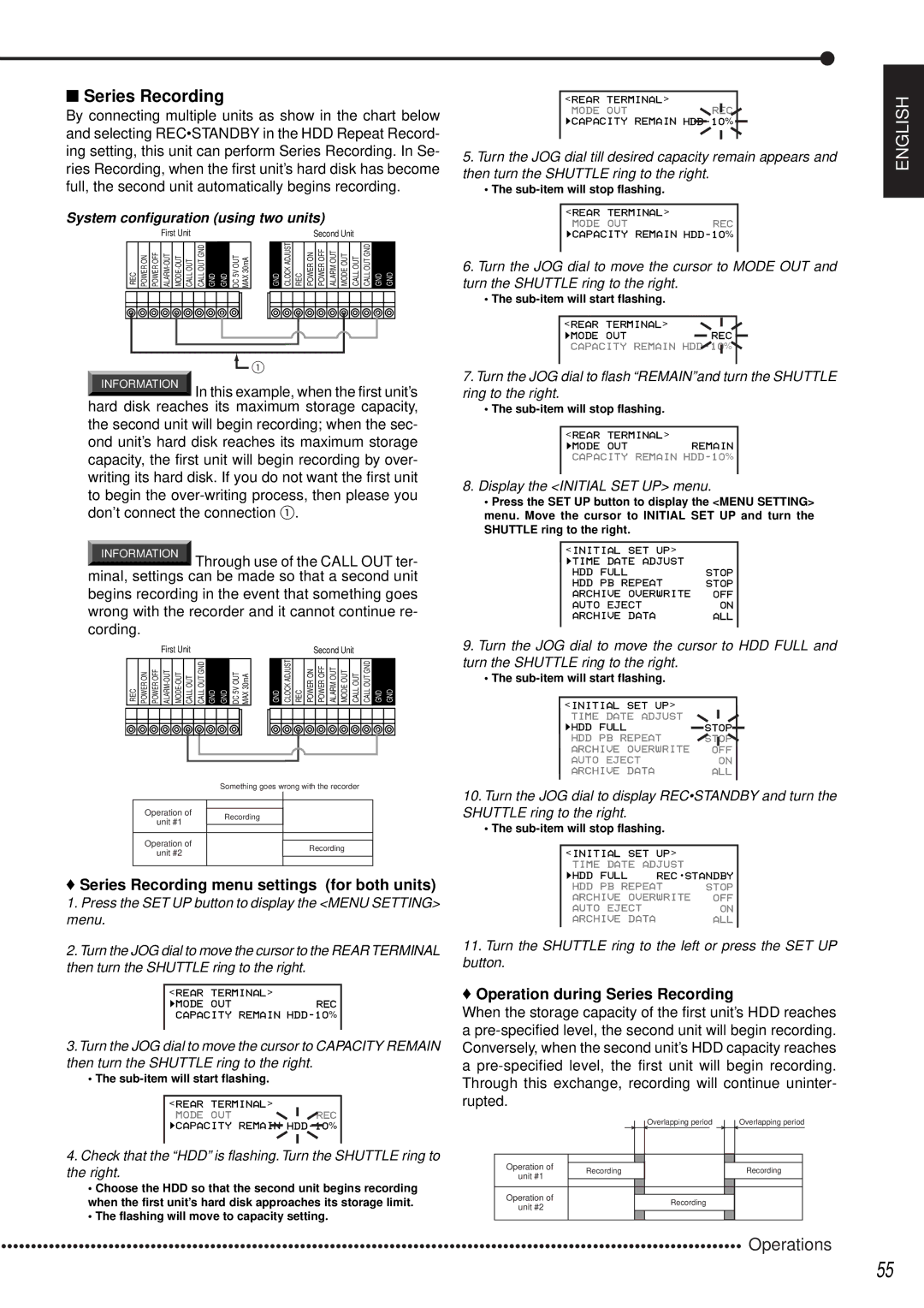 Mitsubishi Electronics DX-TL1600EM Series Recording menu settings for both units, Operation during Series Recording 