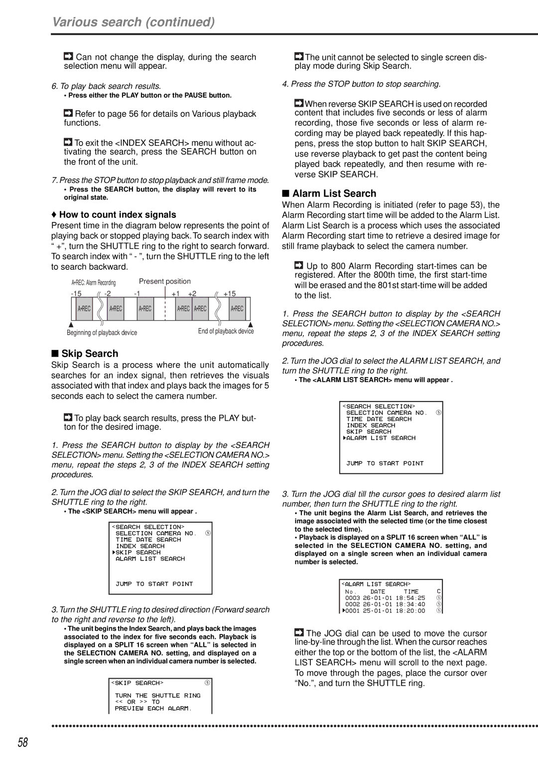 Mitsubishi Electronics DX-TL1600EM Various search, Skip Search, Alarm List Search, How to count index signals 