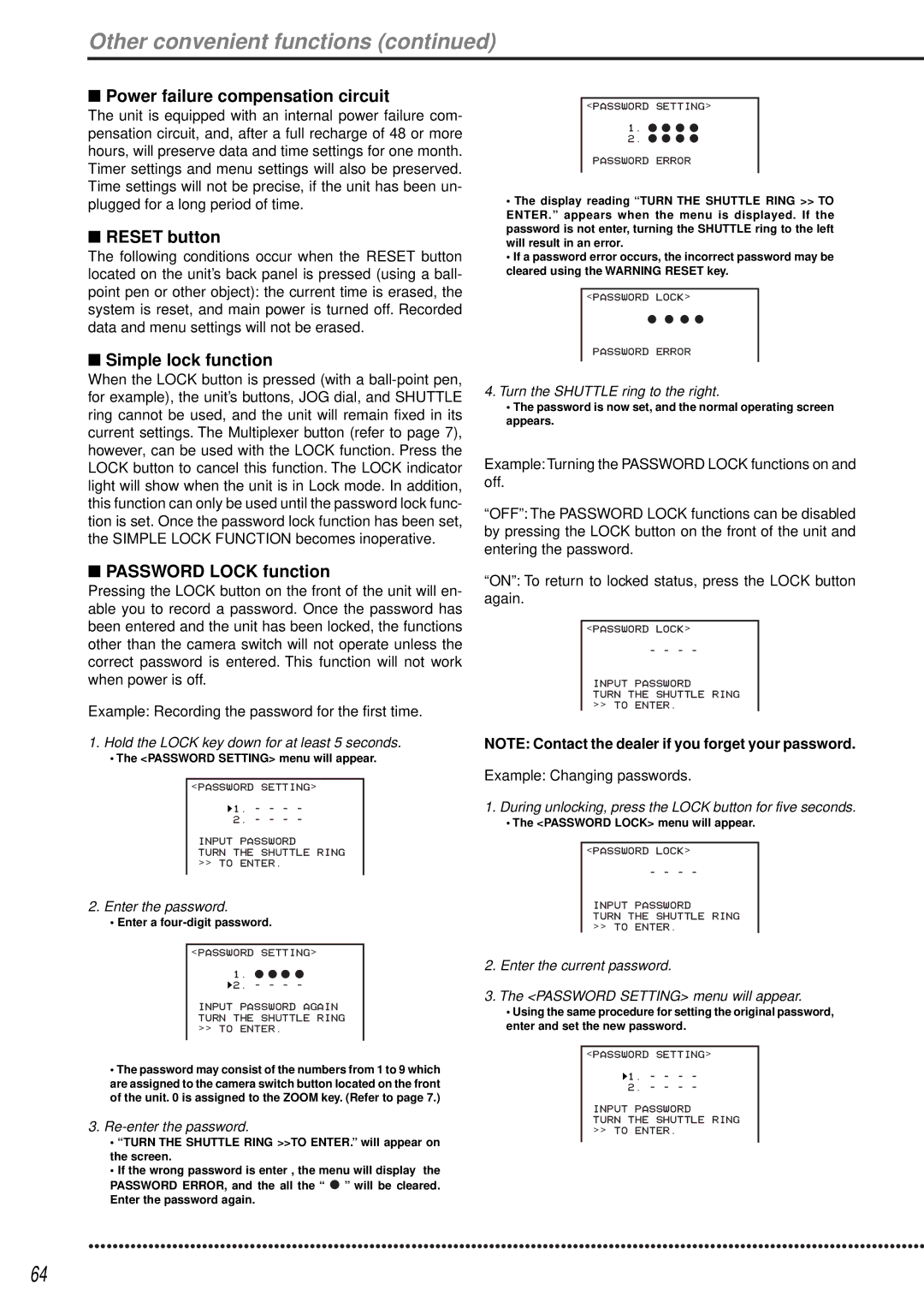 Mitsubishi Electronics DX-TL1600EM Other convenient functions, Power failure compensation circuit, Simple lock function 