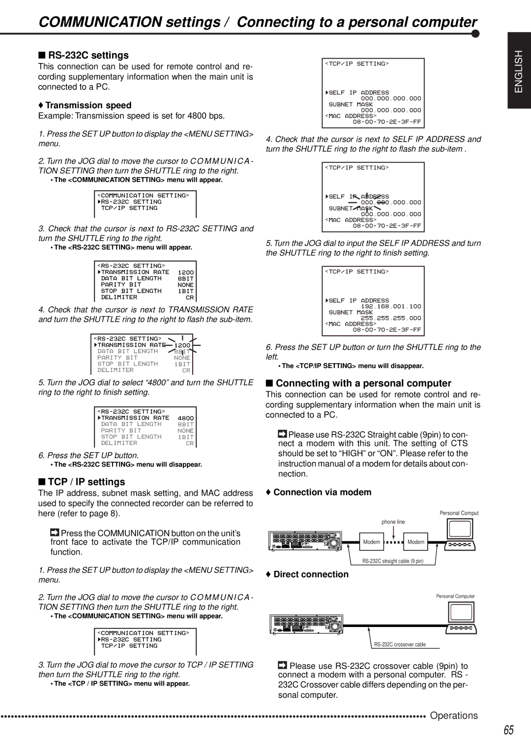 Mitsubishi Electronics DX-TL1600EM Communication settings / Connecting to a personal computer, RS-232C settings 