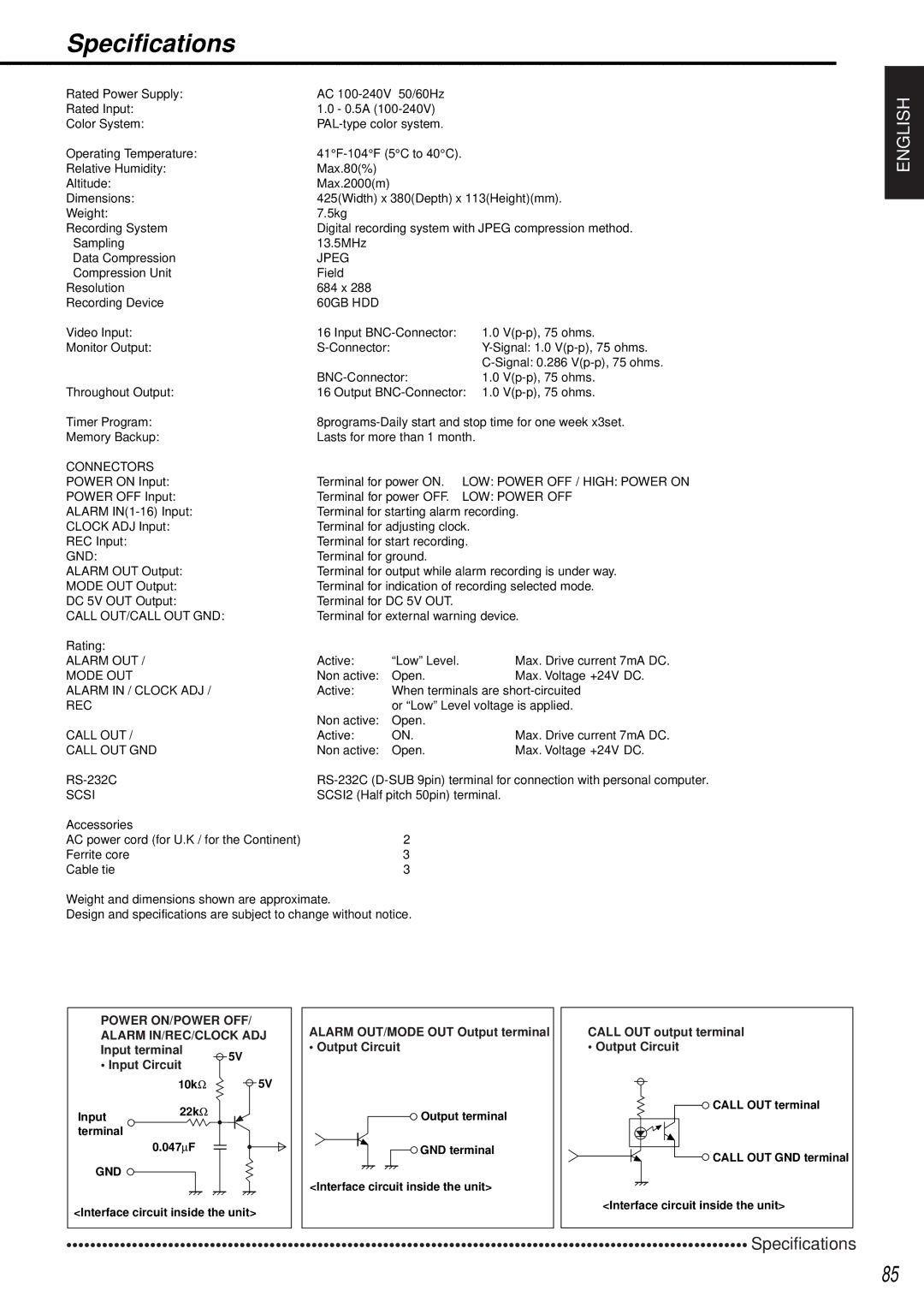 Mitsubishi Electronics DX-TL1600EM operation manual Specifications, 10kΩ5V Input22kΩ terminal 047∝F 