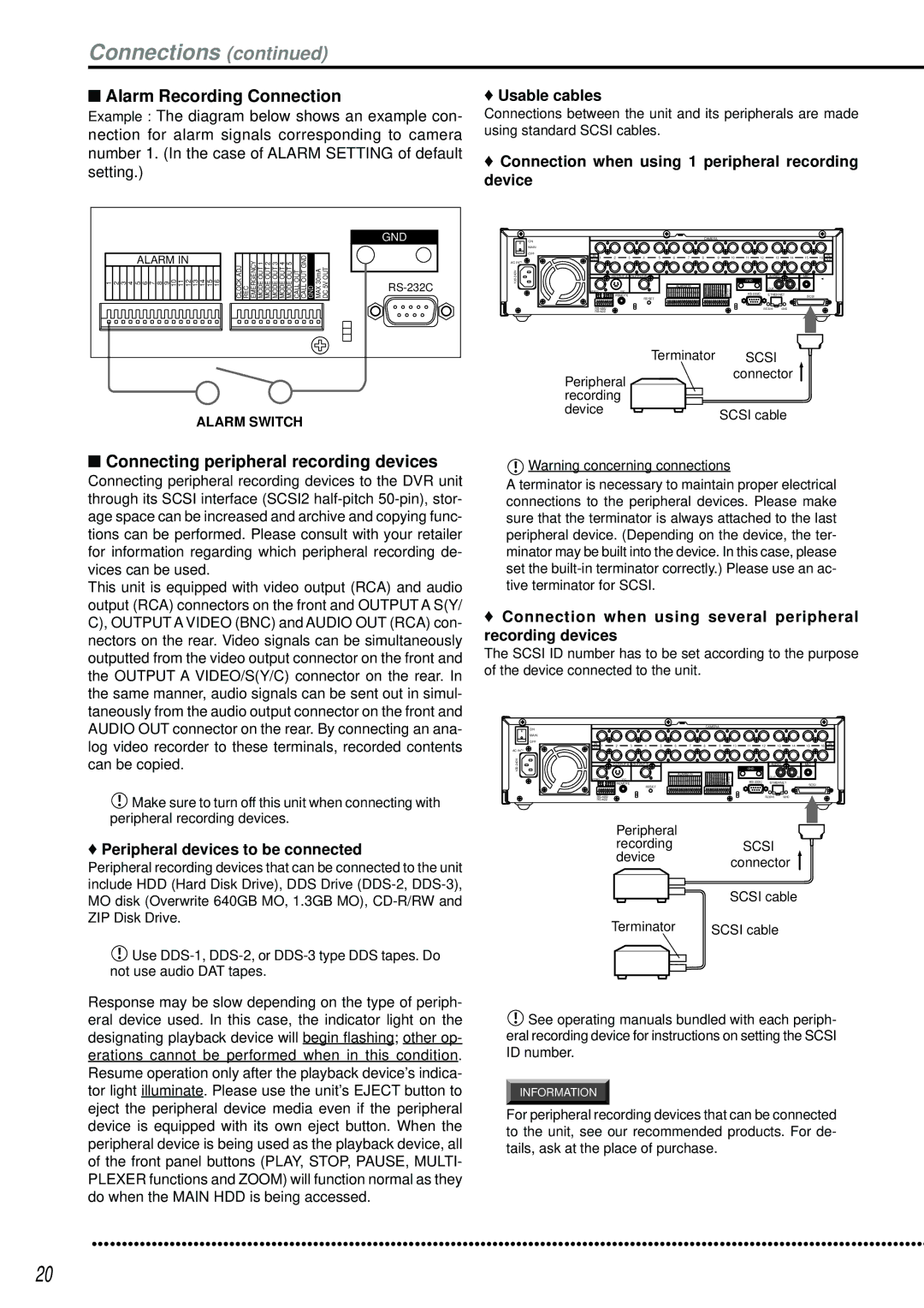 Mitsubishi Electronics DX-TL2500U Connections, Alarm Recording Connection, Connecting peripheral recording devices 