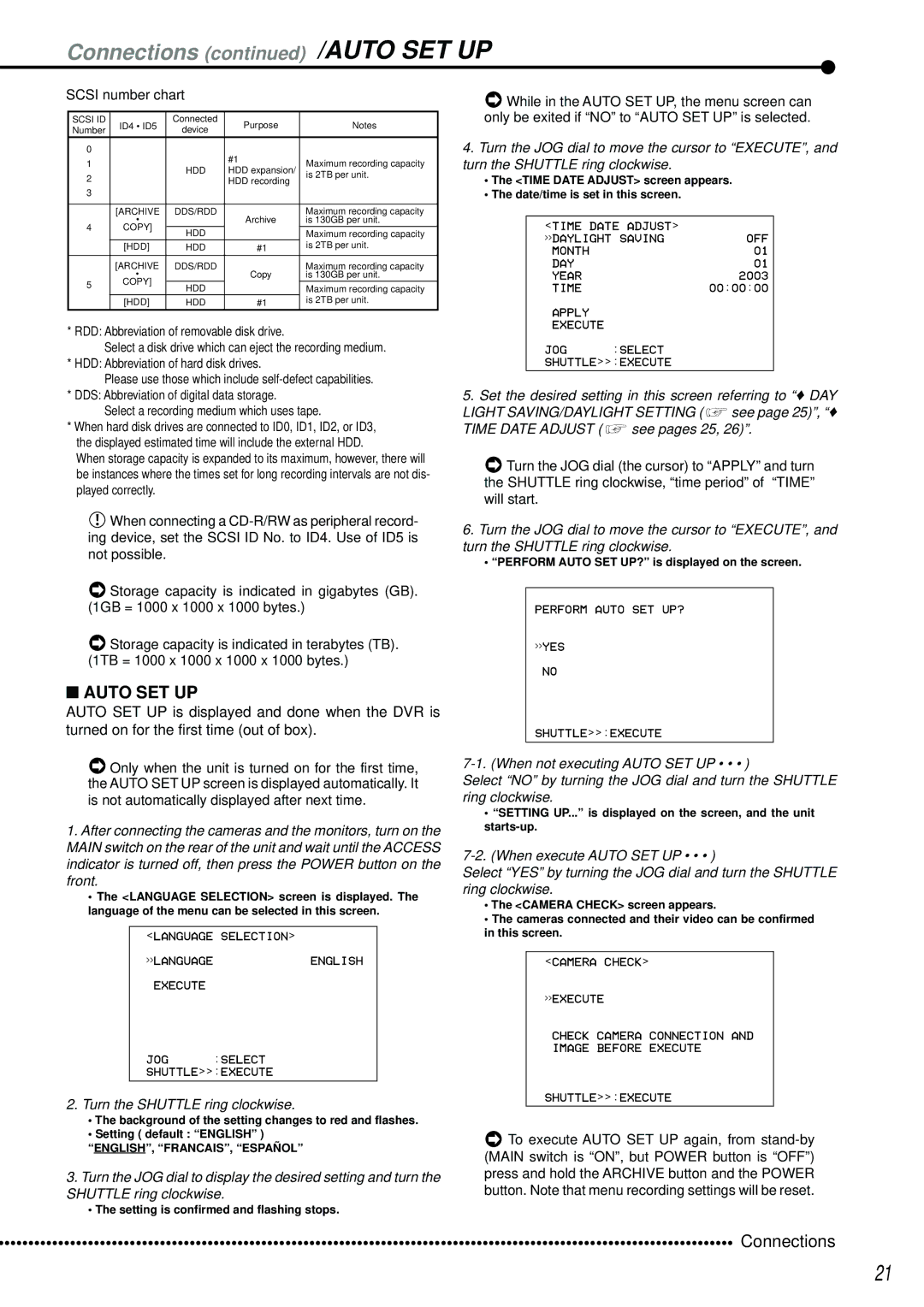 Mitsubishi Electronics DX-TL2500U operation manual Connections /AUTO SET UP, Auto SET UP, Turn the Shuttle ring clockwise 