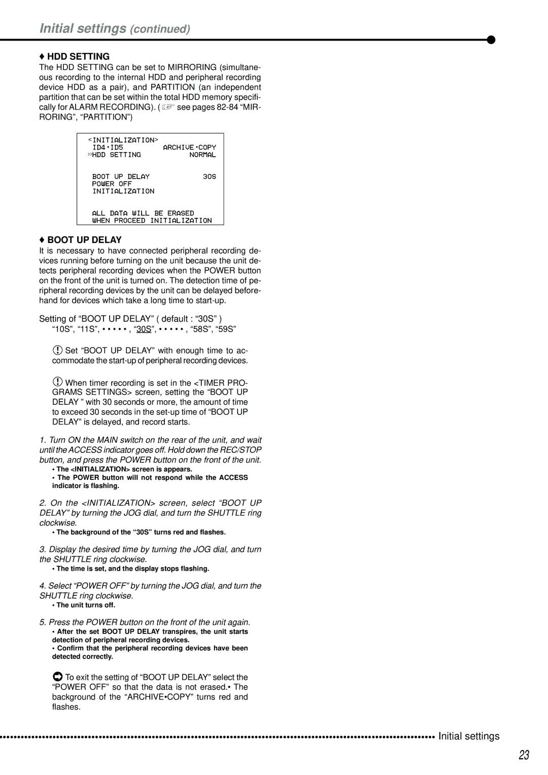 Mitsubishi Electronics DX-TL2500U operation manual Initial settings, HDD Setting, Setting of Boot UP Delay default 30S 