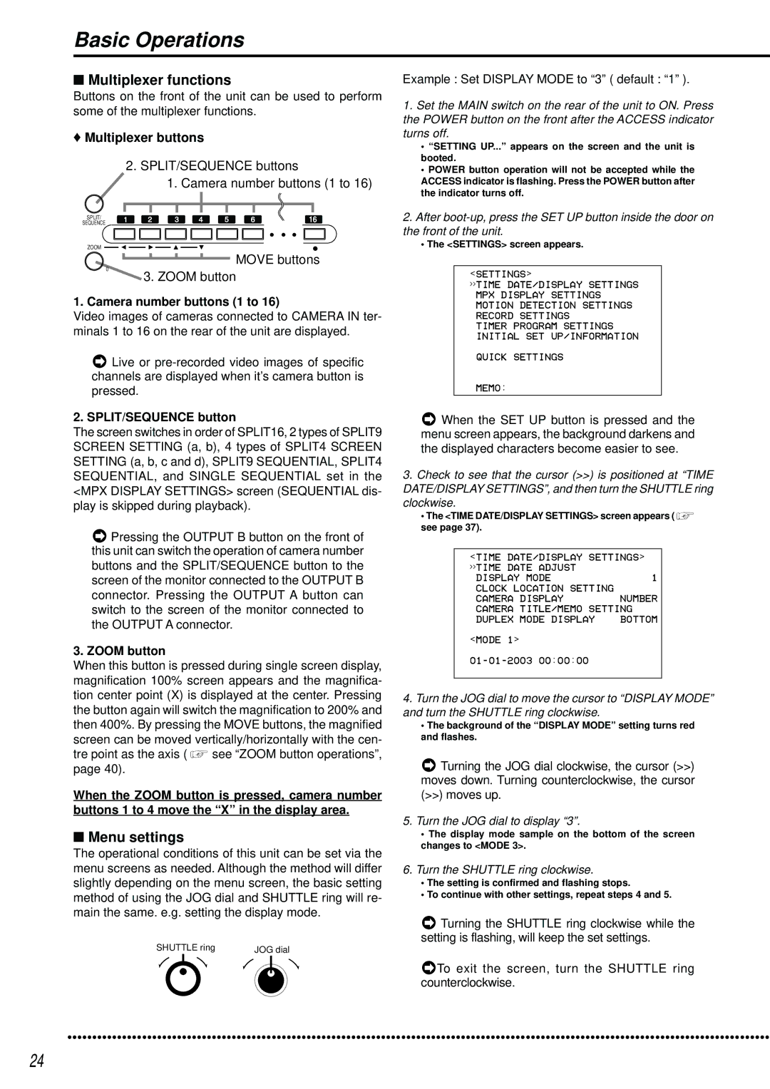 Mitsubishi Electronics DX-TL2500U operation manual Basic Operations, Multiplexer functions, Menu settings 