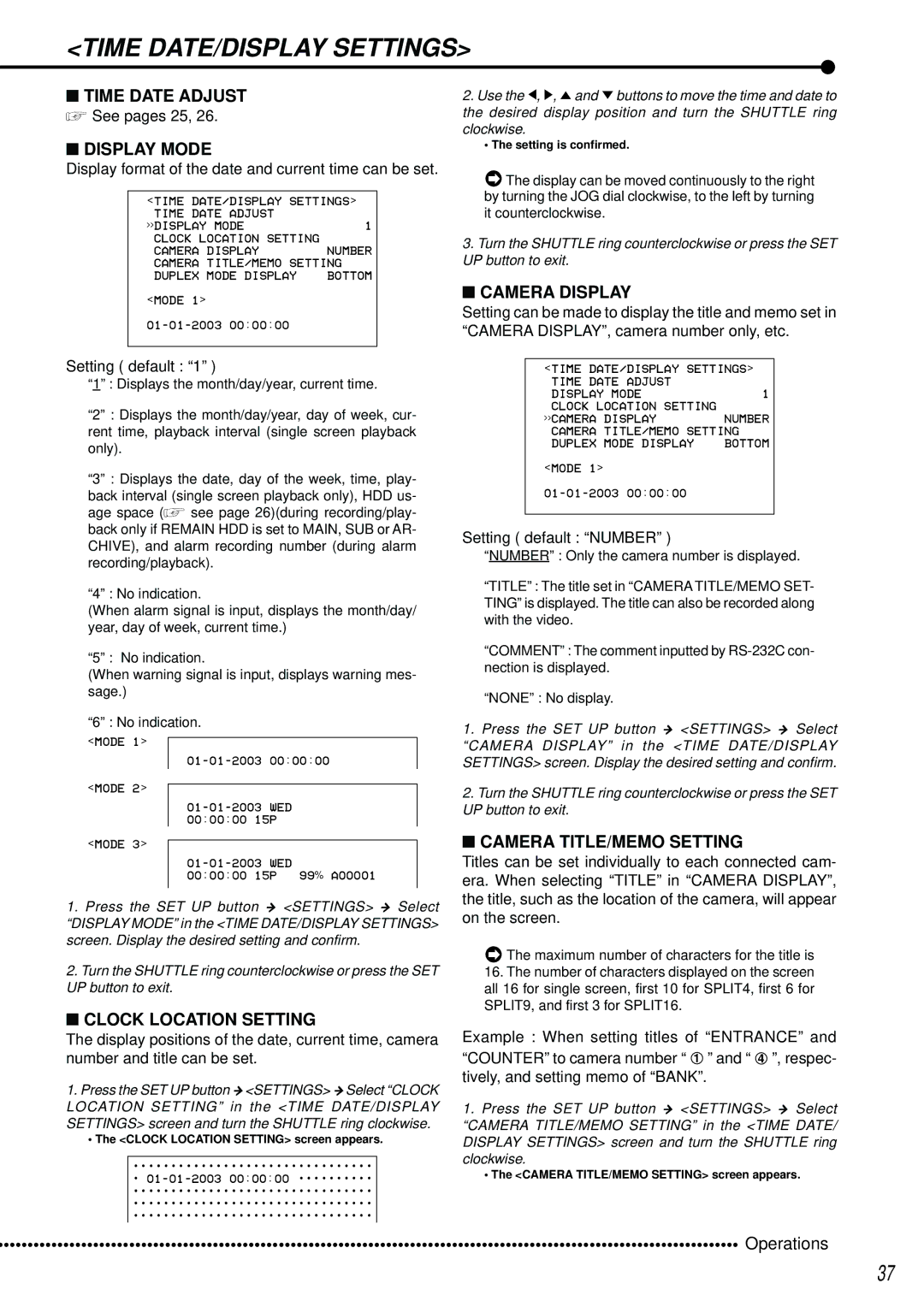 Mitsubishi Electronics DX-TL2500U Time Date Adjust, Display Mode, Camera Display, Camera TITLE/MEMO Setting 