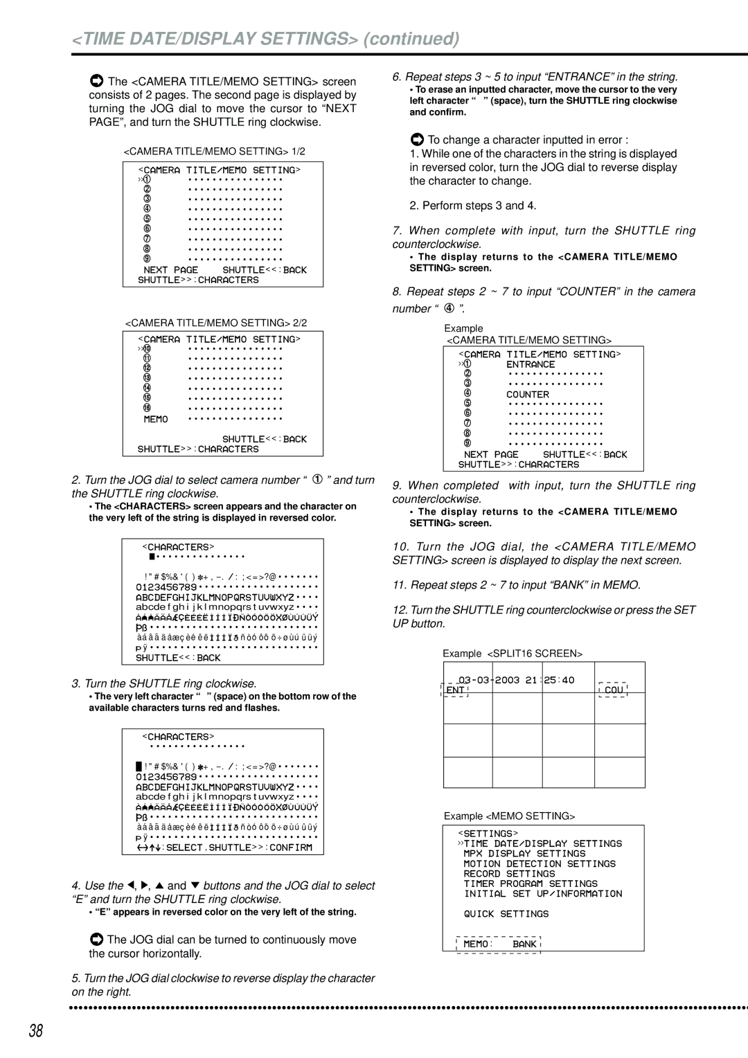 Mitsubishi Electronics DX-TL2500U Repeat steps 2 ~ 7 to input Counter in the camera number, Camera TITLE/MEMO Setting 1/2 