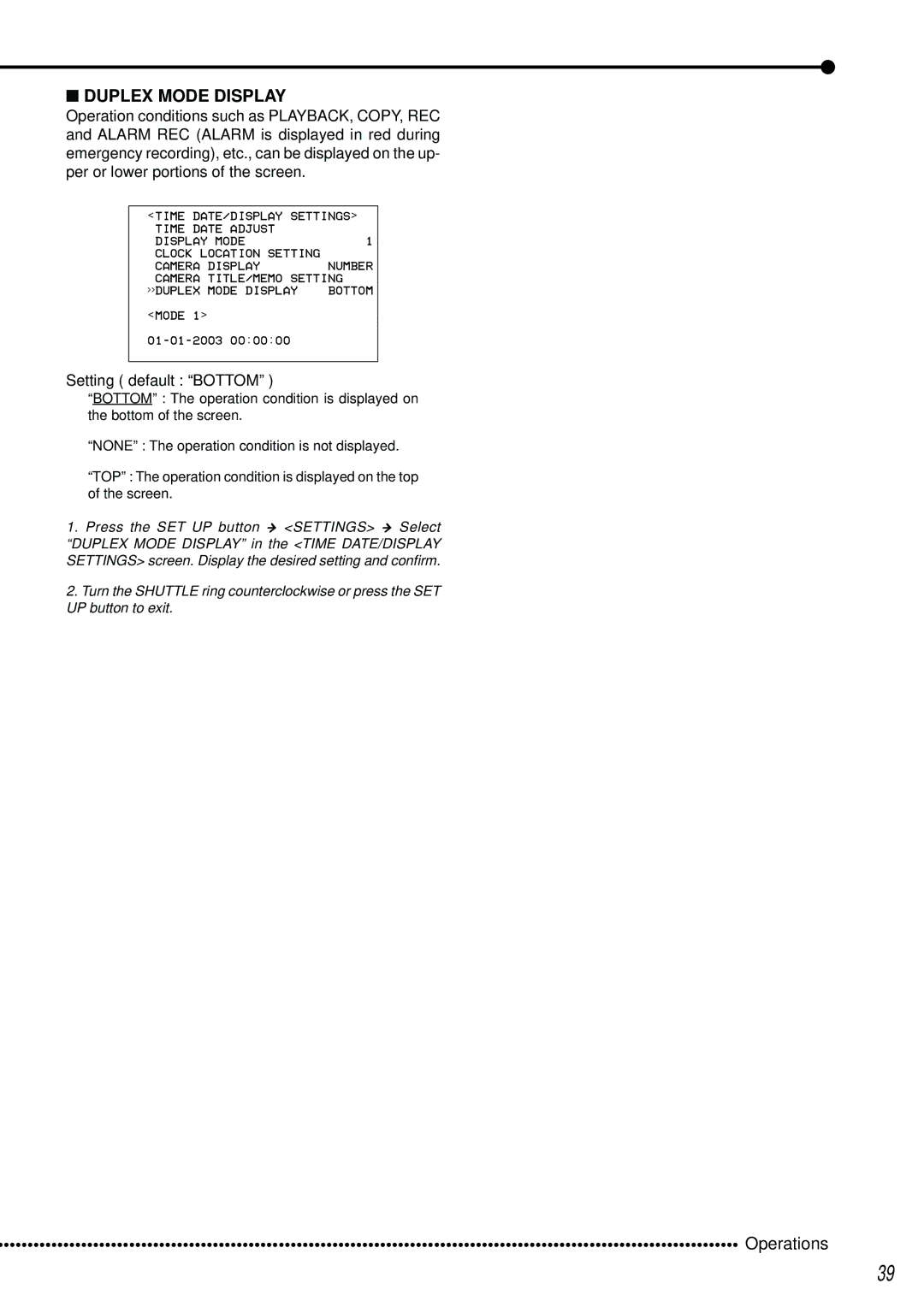 Mitsubishi Electronics DX-TL2500U operation manual Duplex Mode Display, Setting default Bottom 