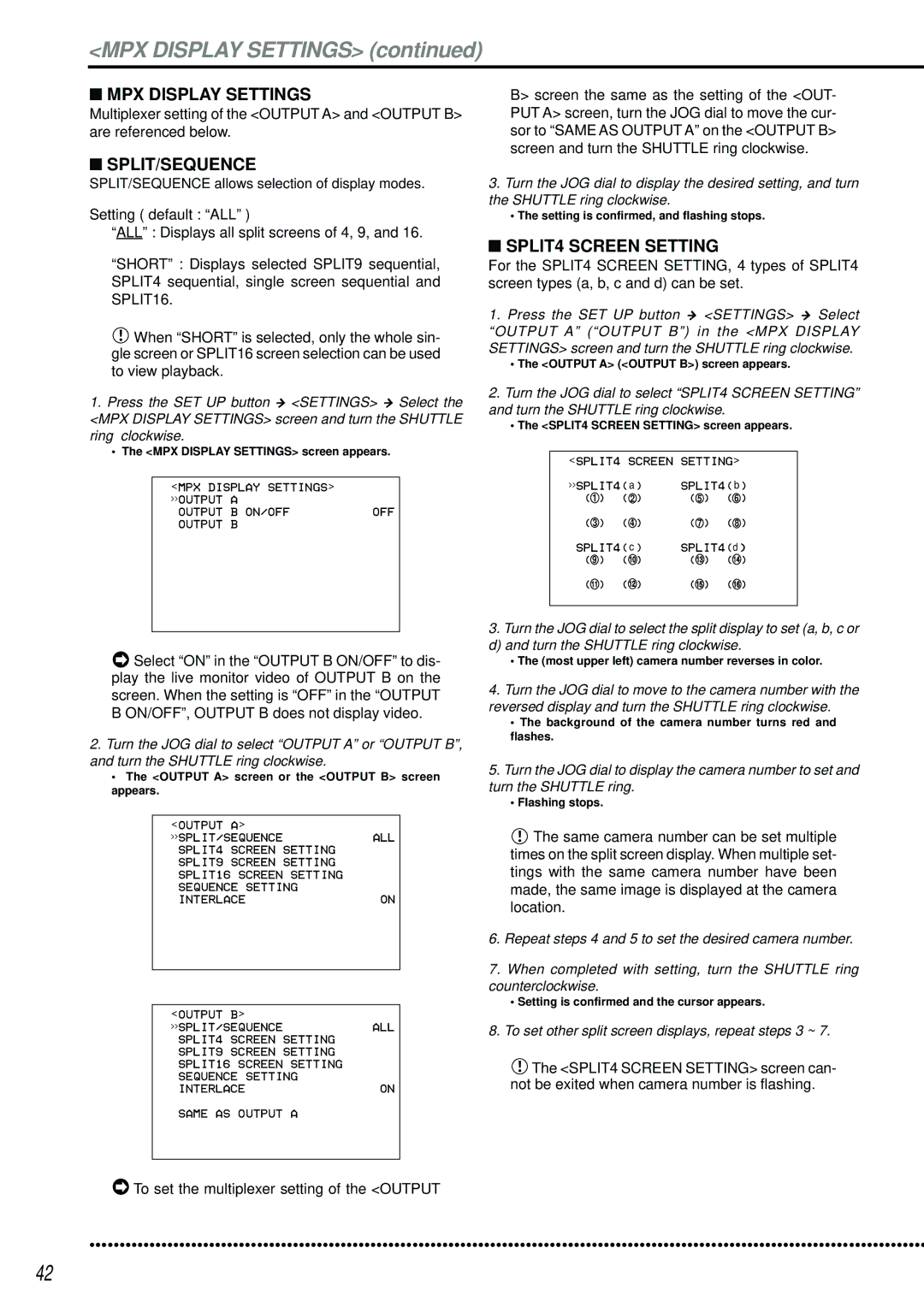 Mitsubishi Electronics DX-TL2500U operation manual MPX Display Settings, Split/Sequence, SPLIT4 Screen Setting 