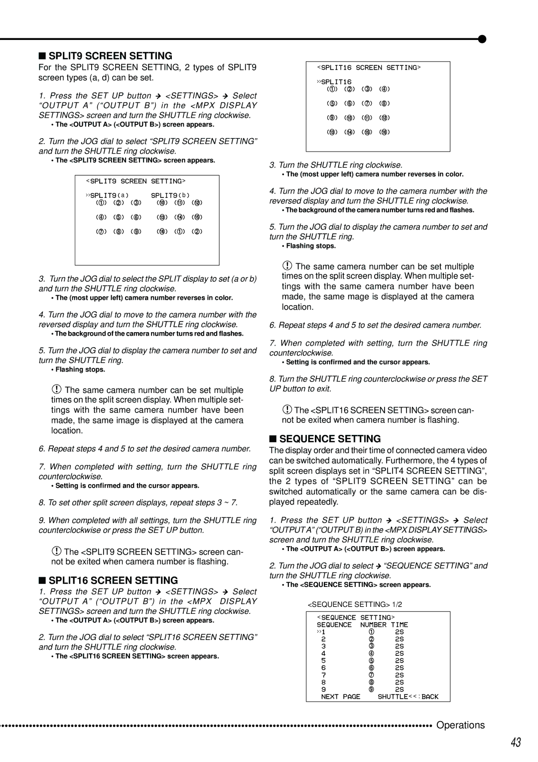 Mitsubishi Electronics DX-TL2500U operation manual SPLIT9 Screen Setting, SPLIT16 Screen Setting, Sequence Setting 1/2 