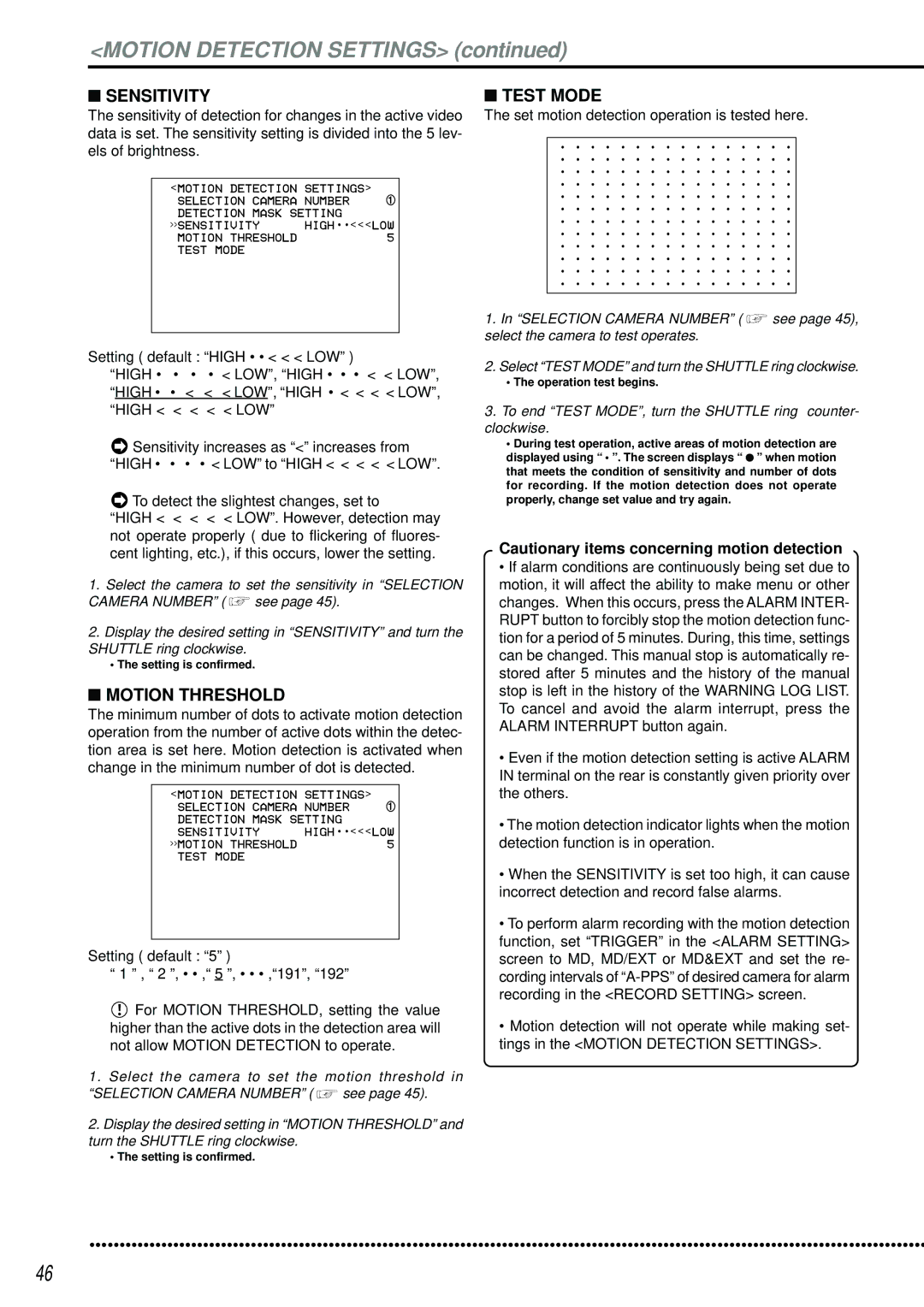 Mitsubishi Electronics DX-TL2500U operation manual Motion Detection Settings, Sensitivity, Motion Threshold, Test Mode 