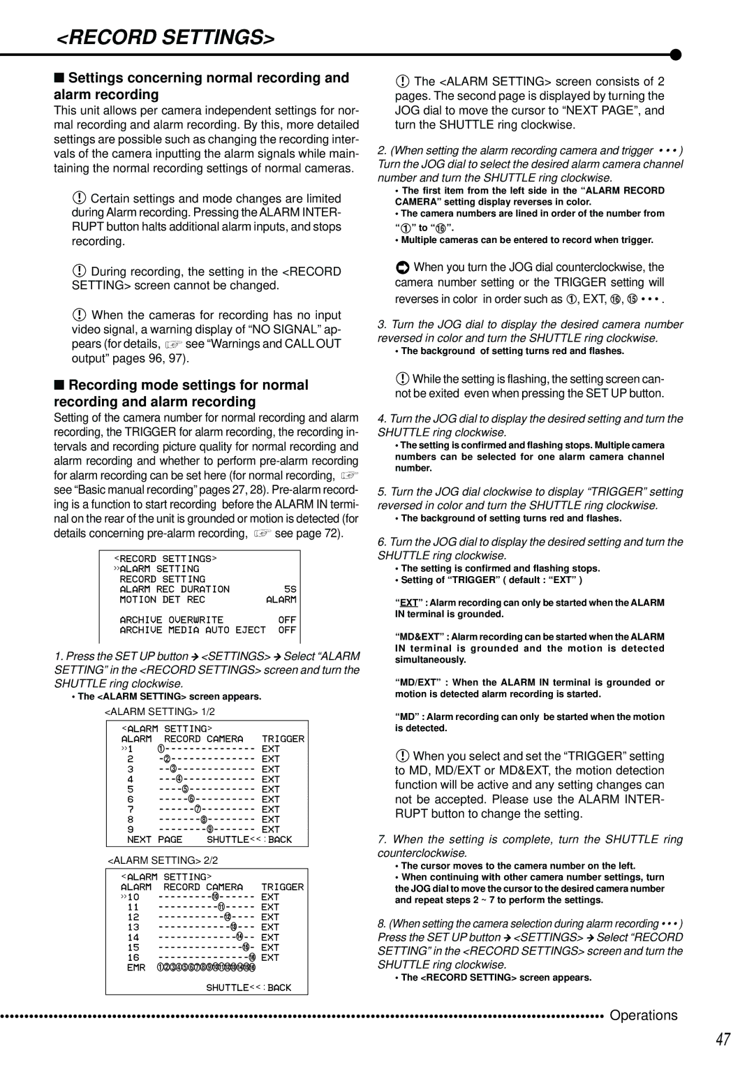 Mitsubishi Electronics DX-TL2500U Settings concerning normal recording and alarm recording, Alarm Setting 1/2 