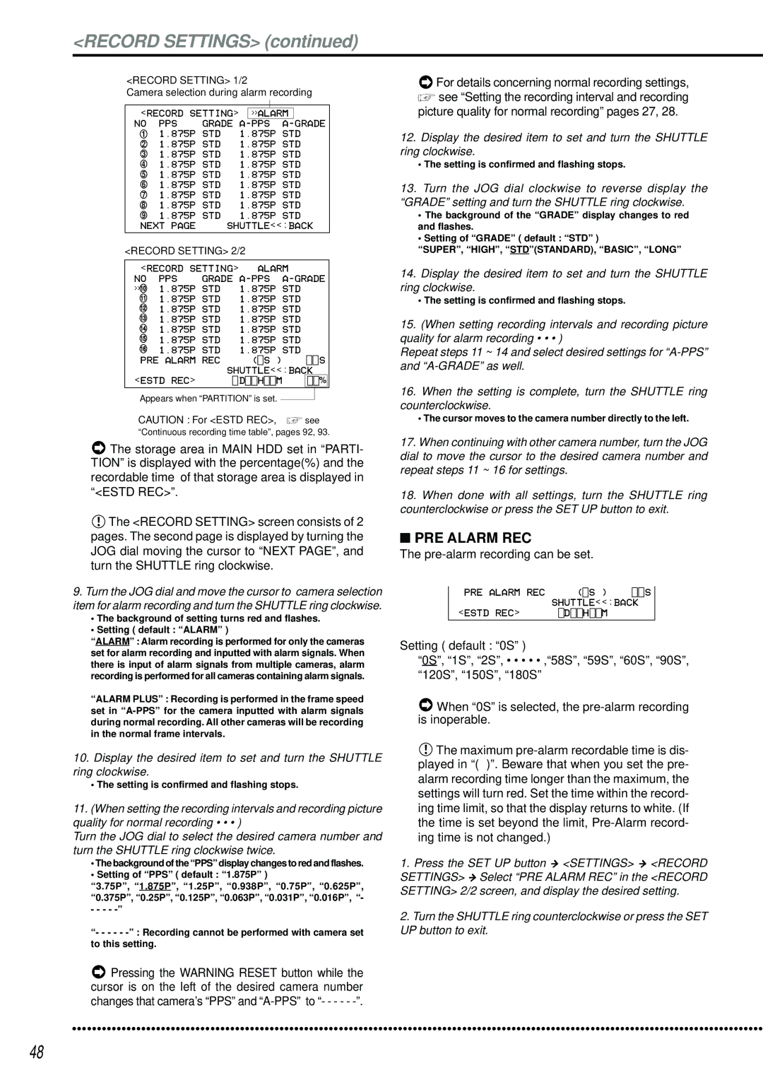 Mitsubishi Electronics DX-TL2500U Record Settings, PRE Alarm REC, Picture quality for normal recording pages 27 