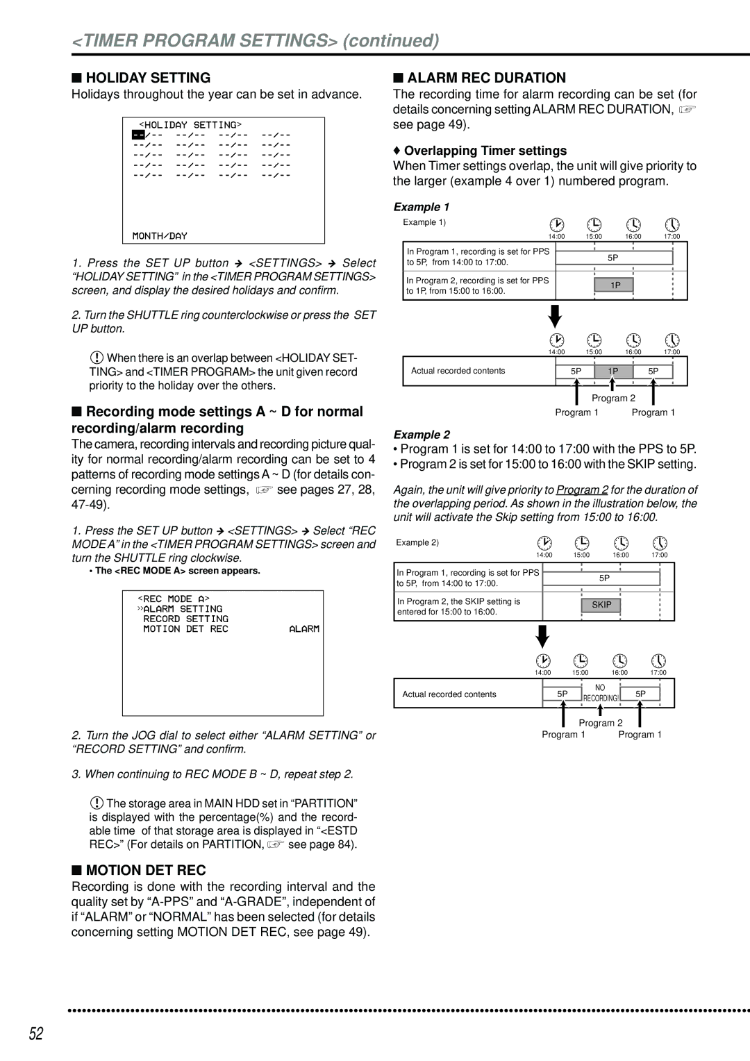 Mitsubishi Electronics DX-TL2500U operation manual Timer Program Settings, Holiday Setting, Overlapping Timer settings 