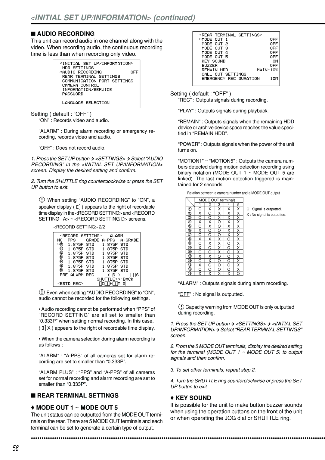 Mitsubishi Electronics DX-TL2500U operation manual Audio Recording, Rear Terminal Settings Mode OUT 1 ~ Mode OUT, KEY Sound 