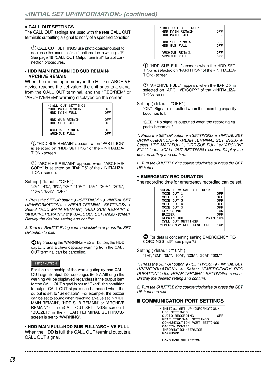 Mitsubishi Electronics DX-TL2500U operation manual Communication Port Settings, Call OUT Settings, Emergency REC Duration 