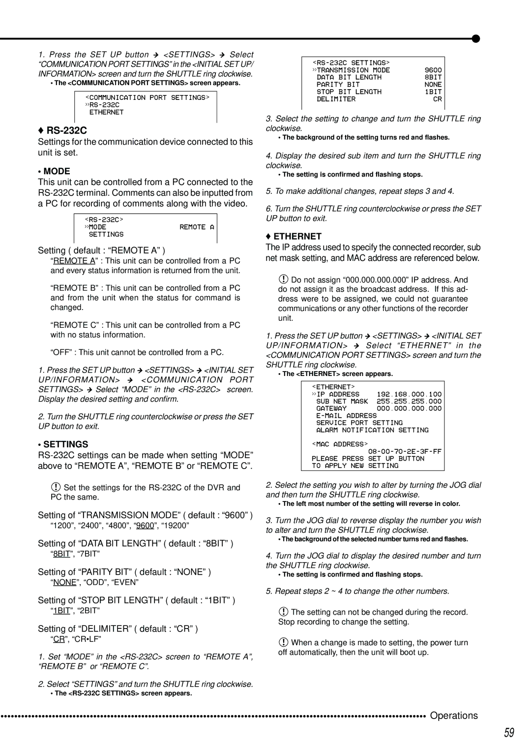 Mitsubishi Electronics DX-TL2500U operation manual RS-232C, Mode, Settings, Ethernet 