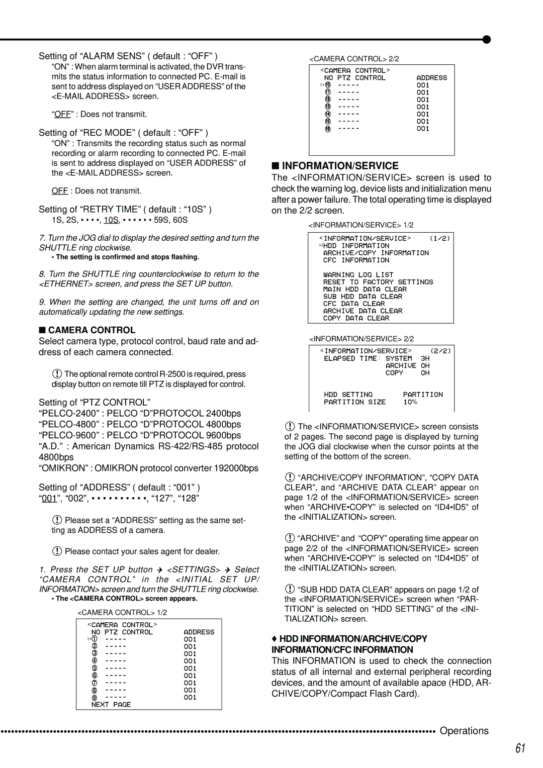 Mitsubishi Electronics DX-TL2500U Information/Service, Setting of Alarm Sens default OFF, Setting of REC Mode default OFF 