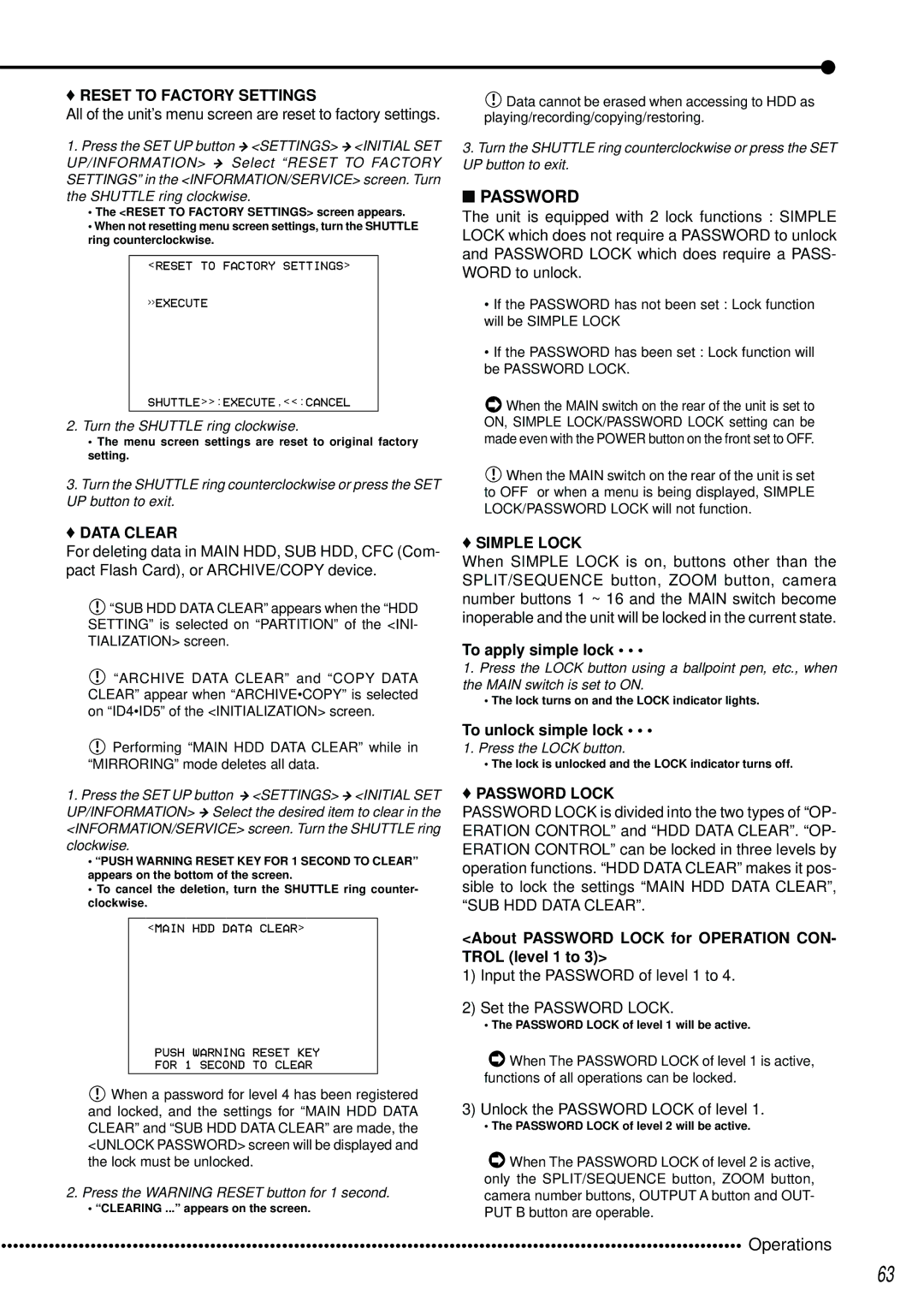 Mitsubishi Electronics DX-TL2500U operation manual Reset to Factory Settings, Data Clear, Simple Lock, Password Lock 