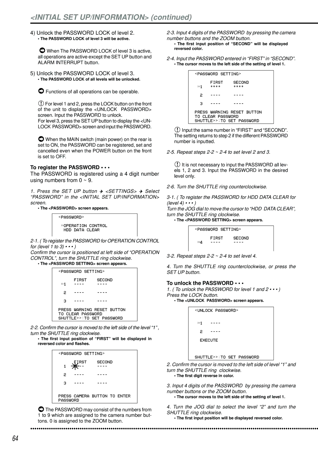 Mitsubishi Electronics DX-TL2500U To register the Password, To unlock the Password, Repeat steps 2-2 ~ 2-4 to set level 2 