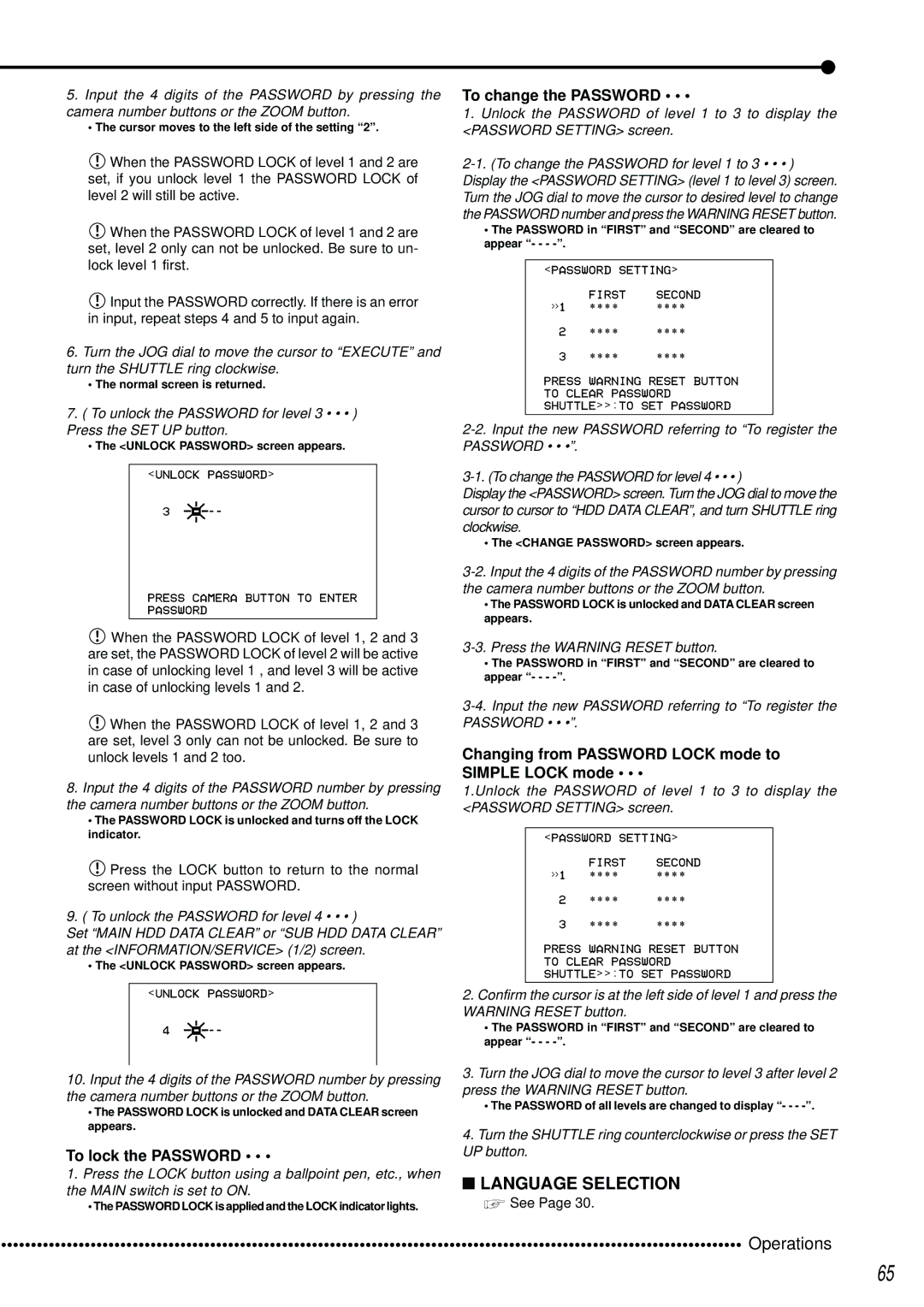 Mitsubishi Electronics DX-TL2500U operation manual Language Selection, To change the Password, To lock the Password 