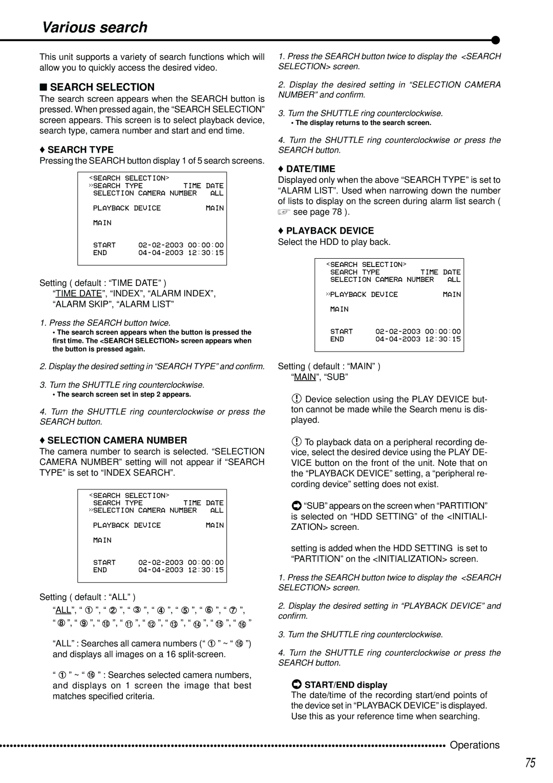 Mitsubishi Electronics DX-TL2500U Various search, Search Selection, Search Type, Date/Time, Selection Camera Number 