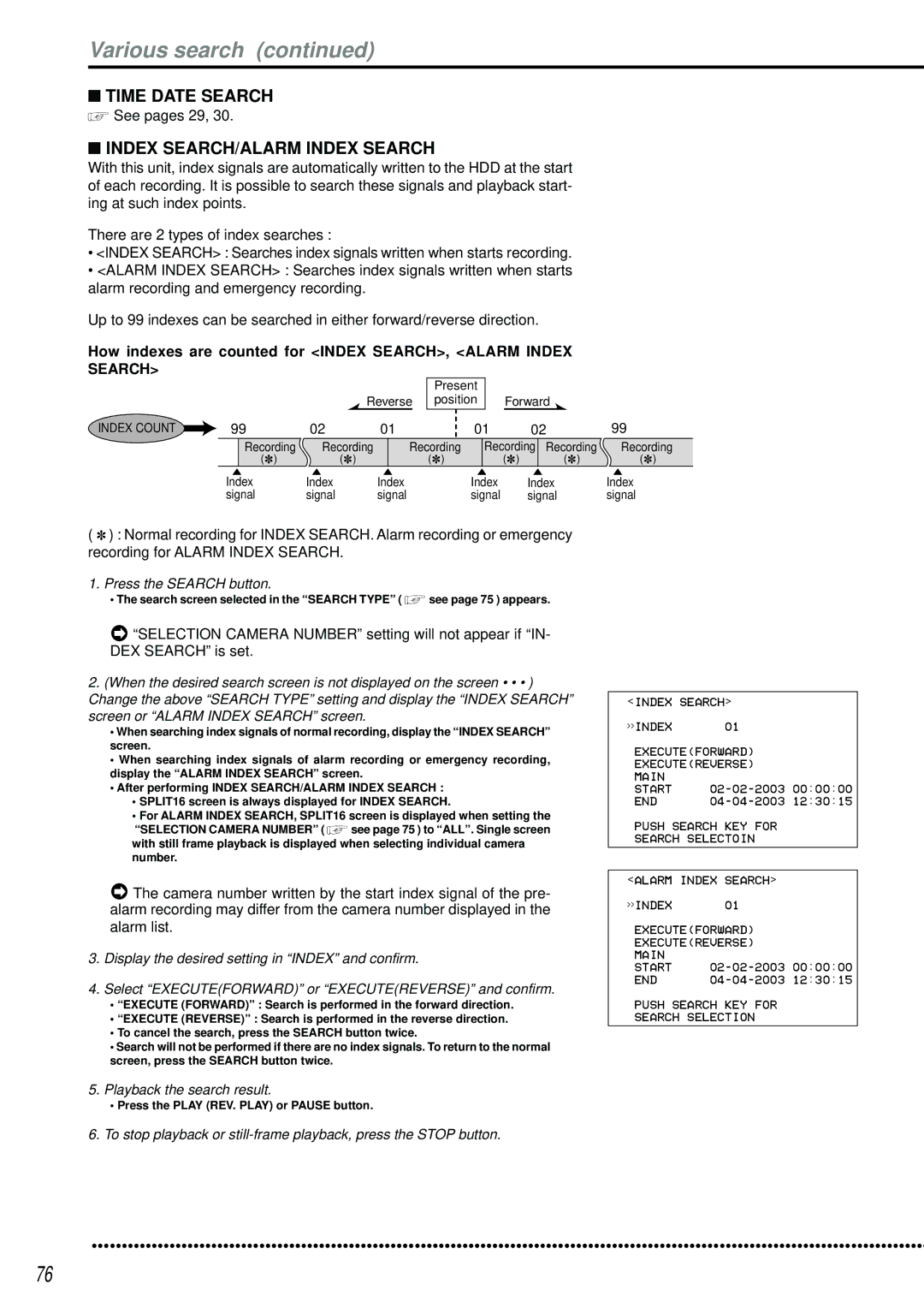 Mitsubishi Electronics DX-TL2500U Various search, Time Date Search, Index SEARCH/ALARM Index Search, See pages 29 