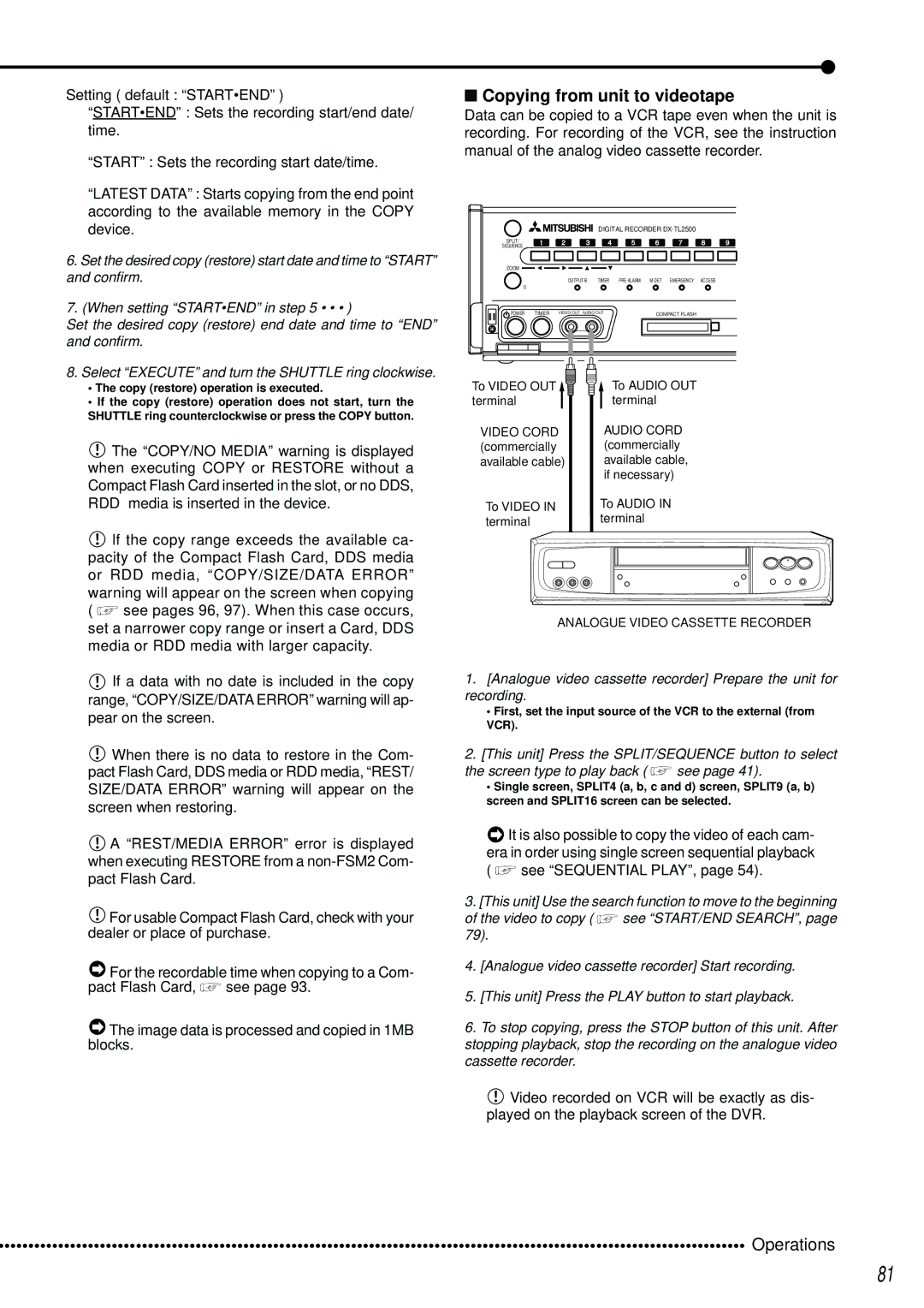 Mitsubishi Electronics DX-TL2500U Copying from unit to videotape, See Sequential PLAY, Video Cord Audio Cord 