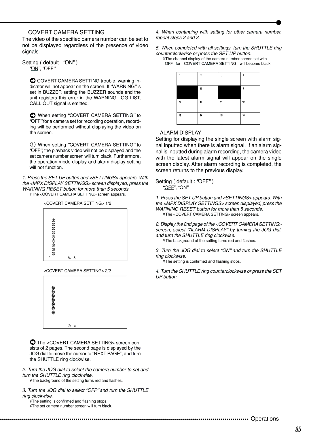 Mitsubishi Electronics DX-TL2500U operation manual Alarm Display, Covert Camera Setting 1/2, Covert Camera Setting 2/2 