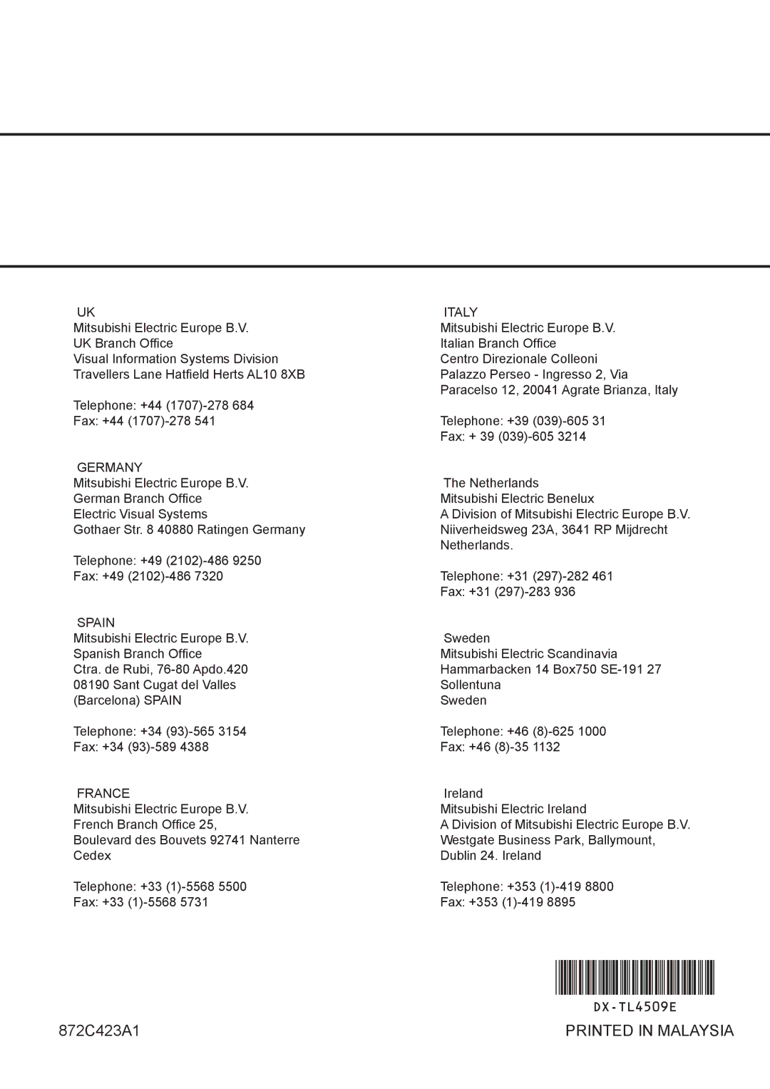 Mitsubishi Electronics DX-TL4509E(Z) instruction manual 872C423A1 