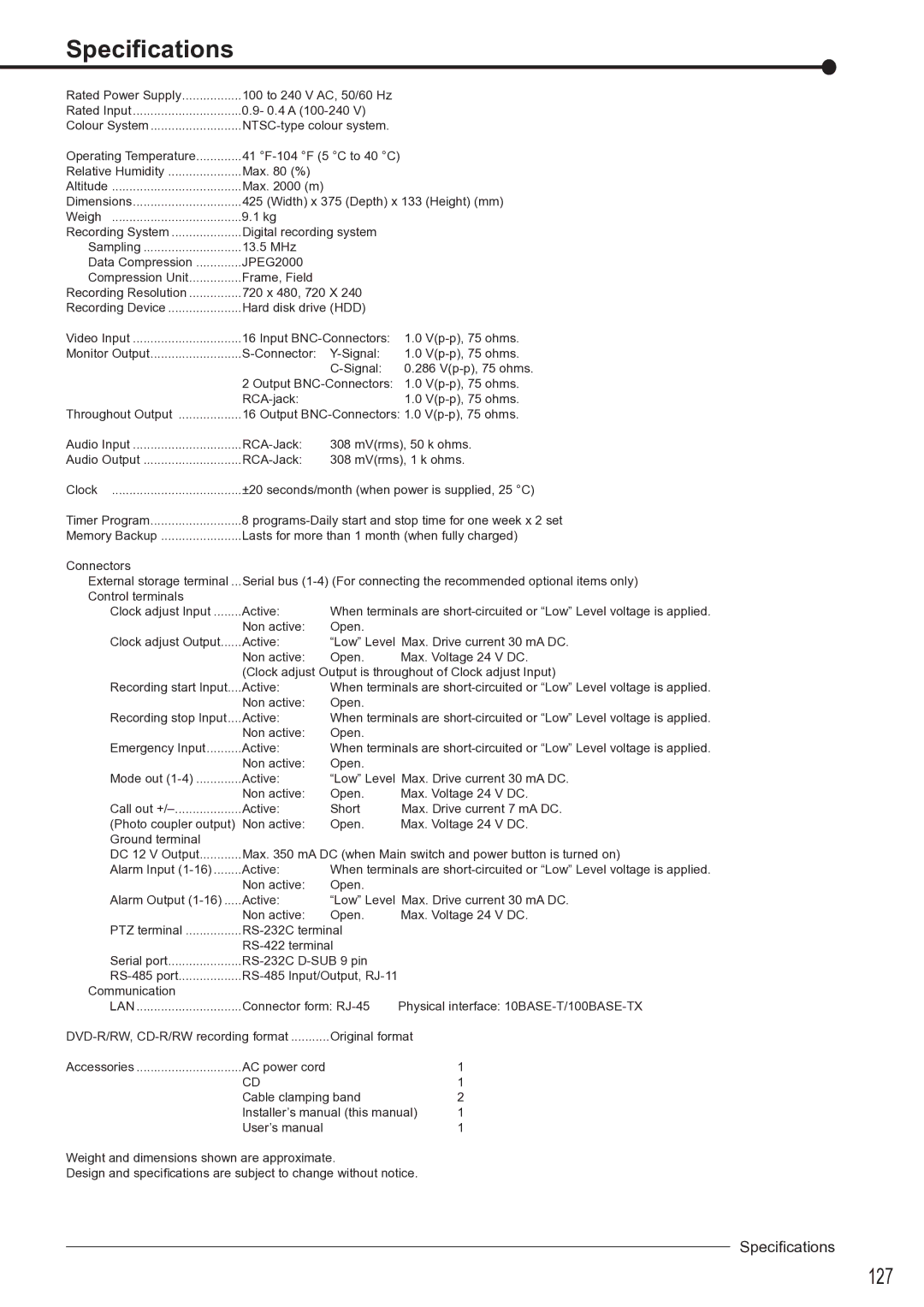 Mitsubishi Electronics DX-TL4516U instruction manual Speciﬁcations, 127 