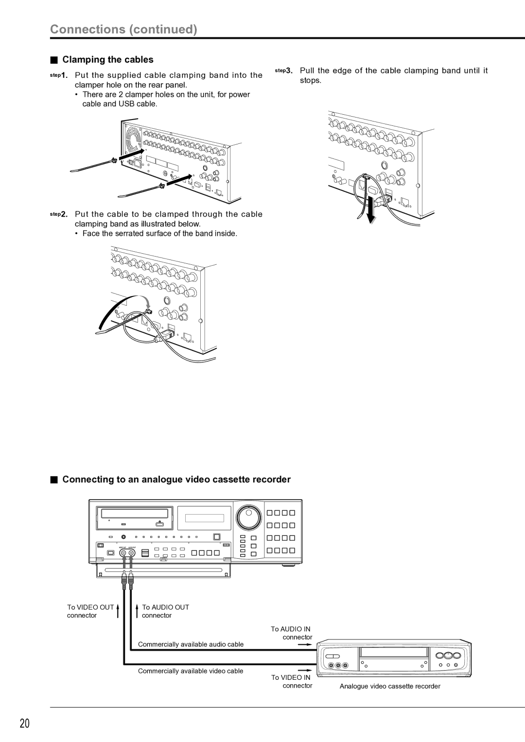 Mitsubishi Electronics DX-TL4516U Connections, Clamping the cables, Connecting to an analogue video cassette recorder 