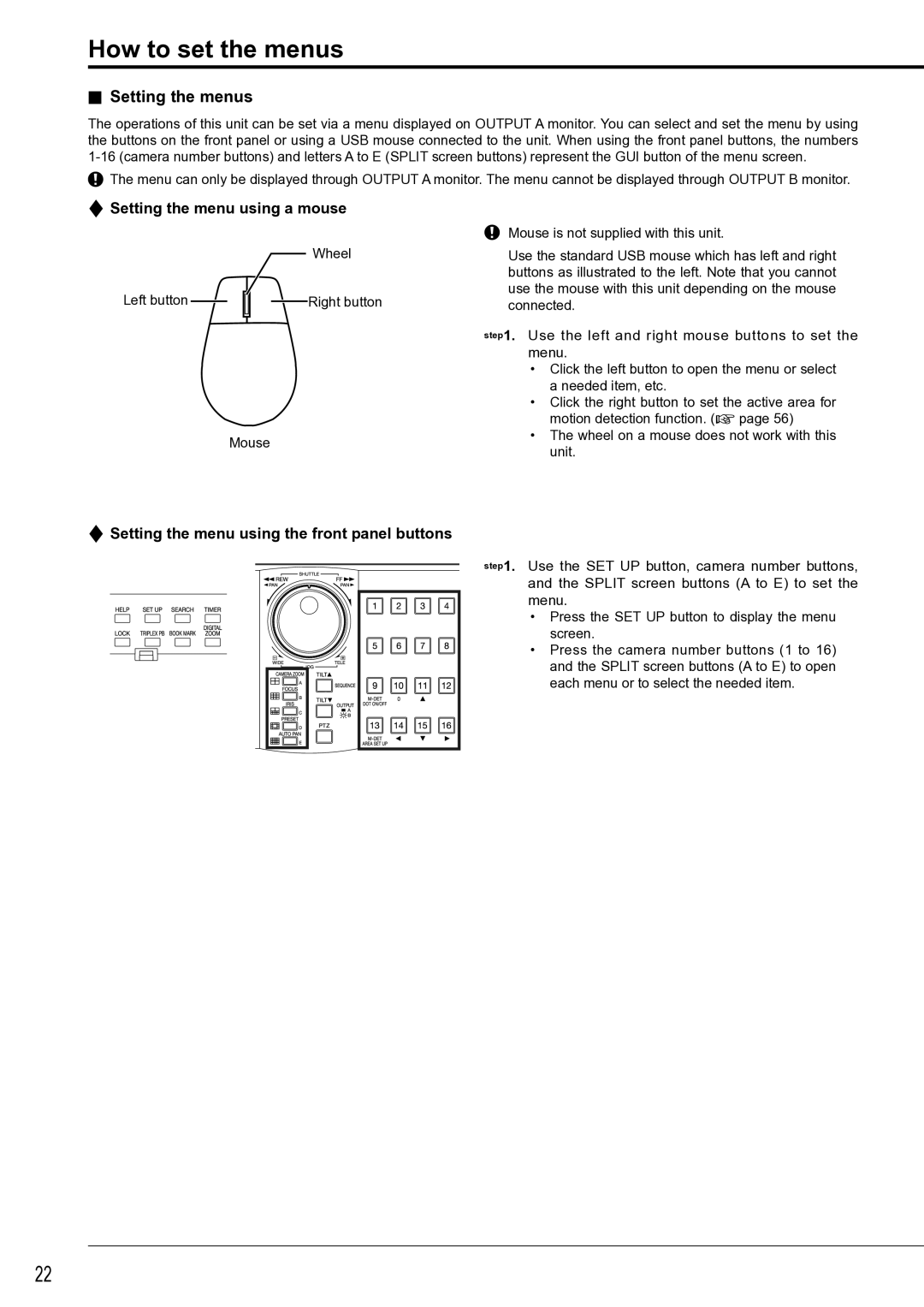 Mitsubishi Electronics DX-TL4516U How to set the menus, Setting the menus, Setting the menu using a mouse 