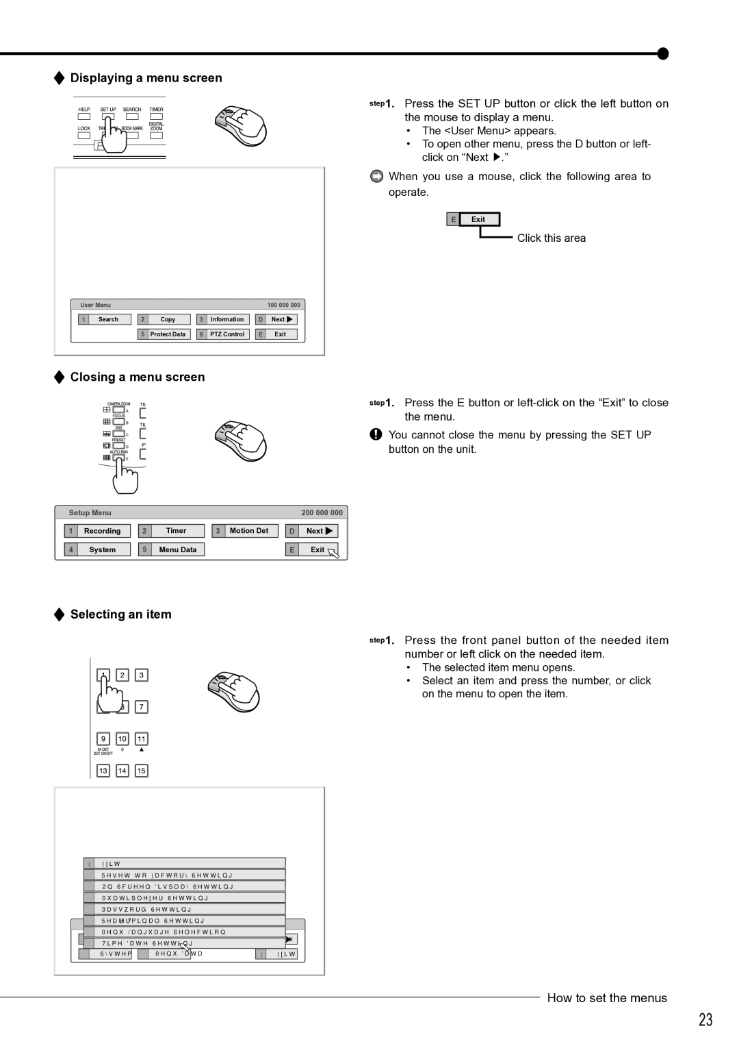 Mitsubishi Electronics DX-TL4516U instruction manual Displaying a menu screen, Closing a menu screen, Selecting an item 