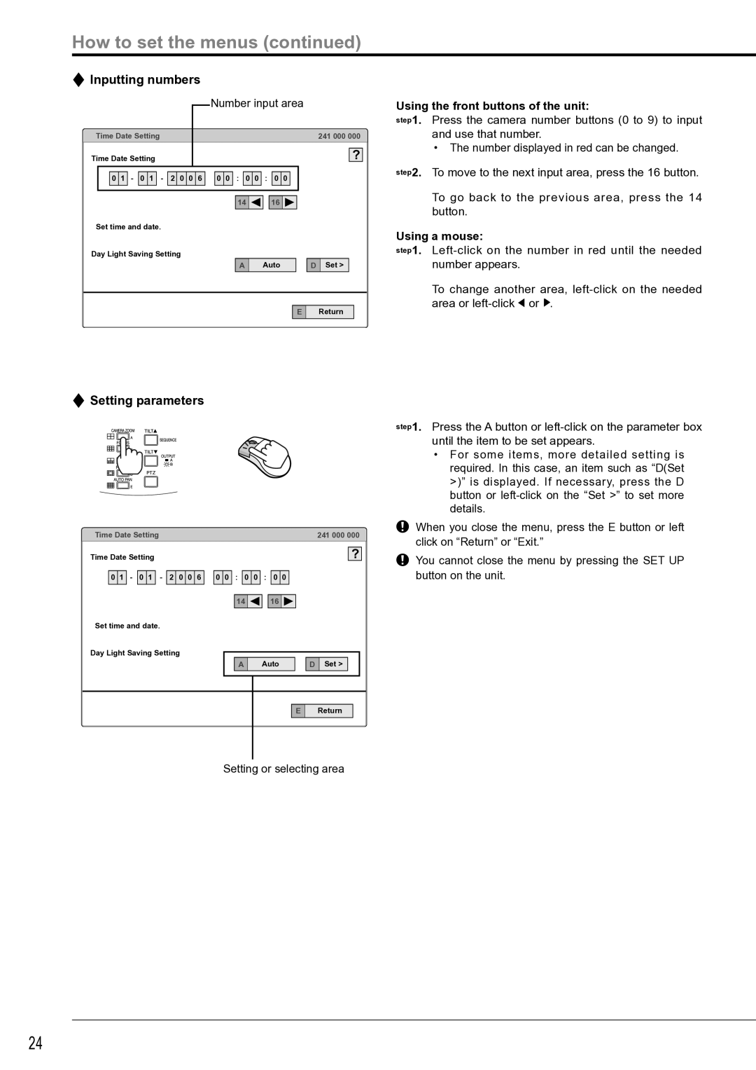 Mitsubishi Electronics DX-TL4516U How to set the menus, Inputting numbers, Setting parameters, Using a mouse 