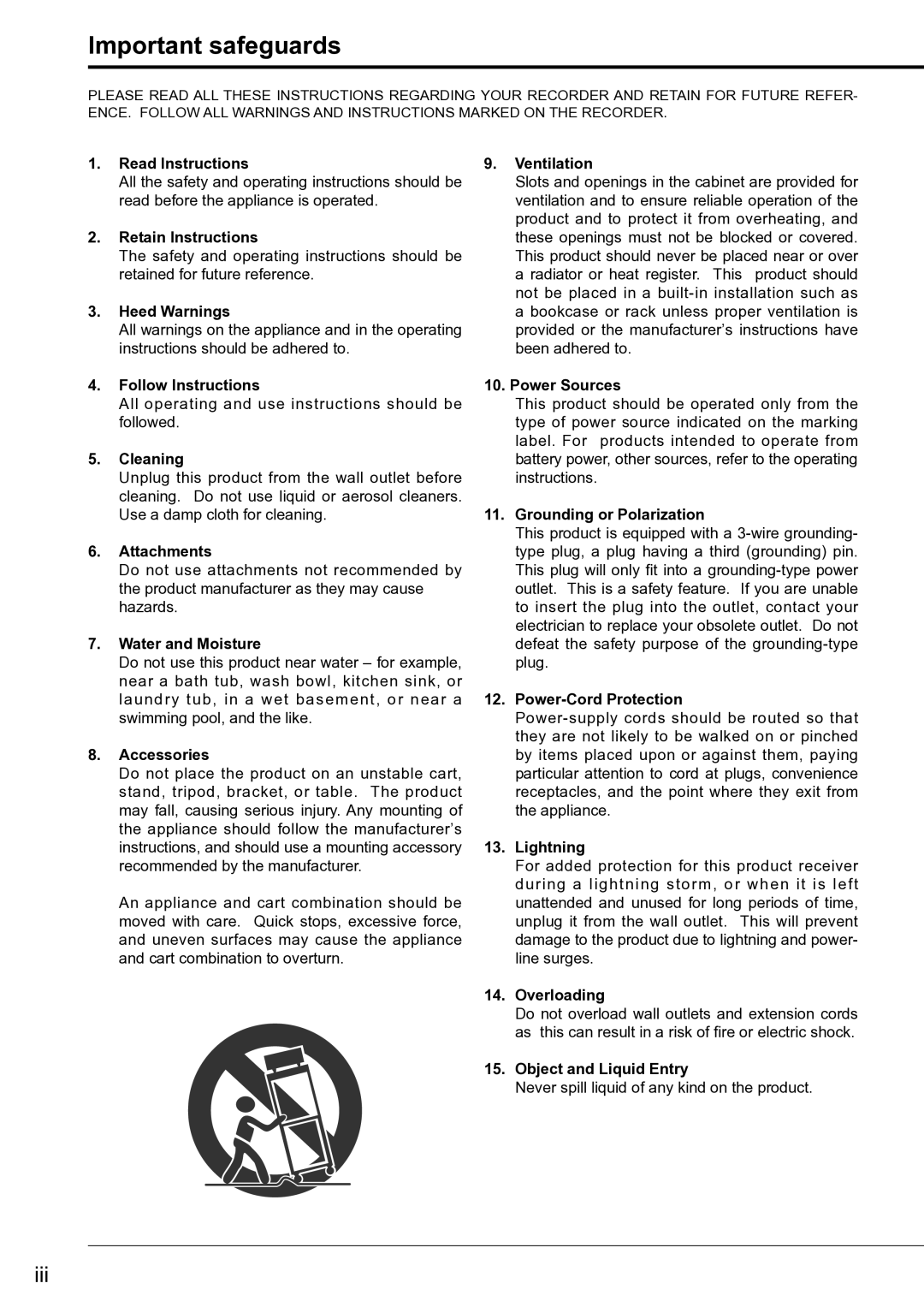 Mitsubishi Electronics DX-TL4516U instruction manual Important safeguards, Iii 